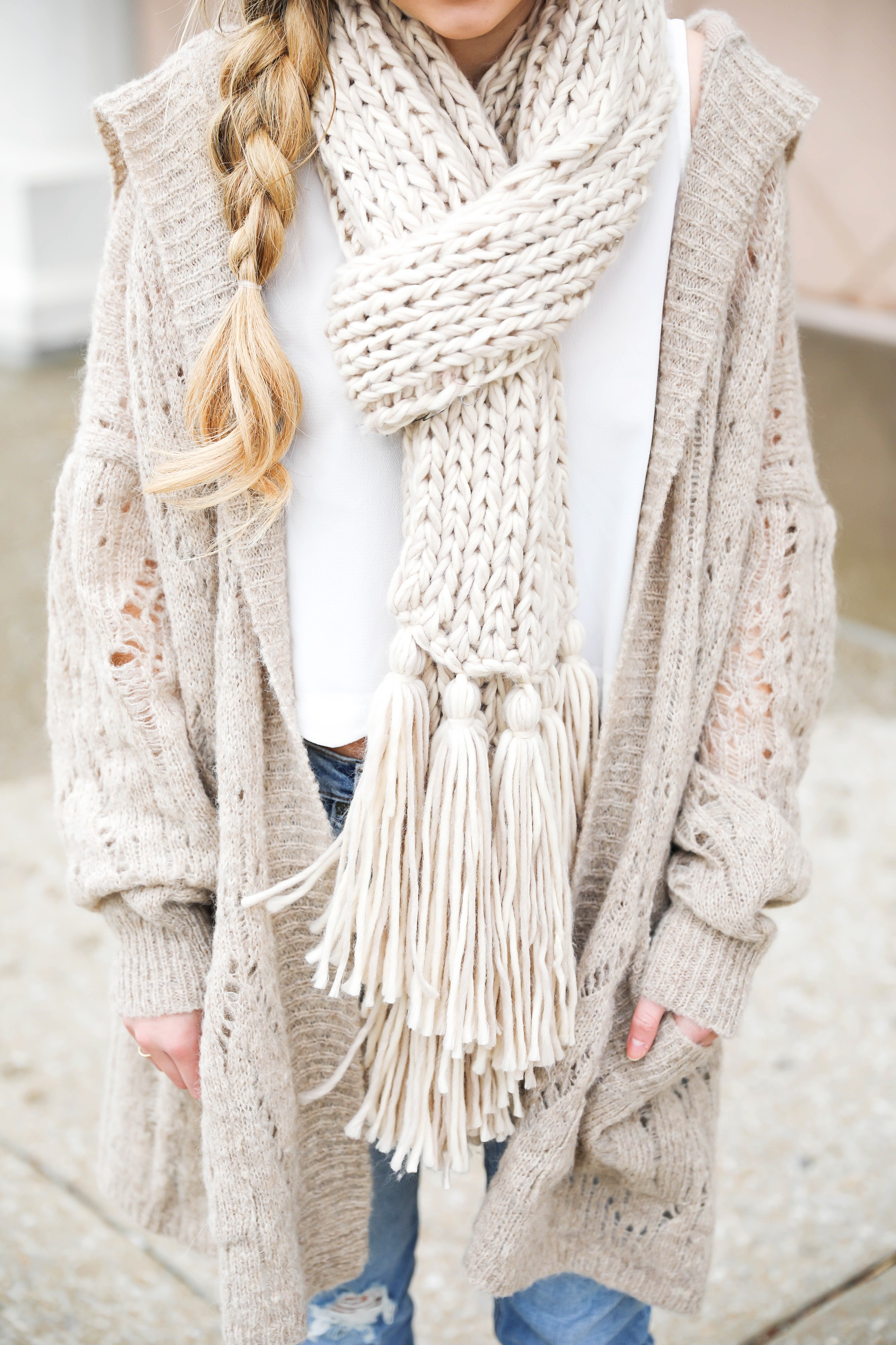 Hooded Free People cardigan! I love this knit cardigan paired with this cozy knit scarf! fit I paired this outfit with my mom jeans to finish the look! Details on fashion blog daily dose of charm by lauren lindmark