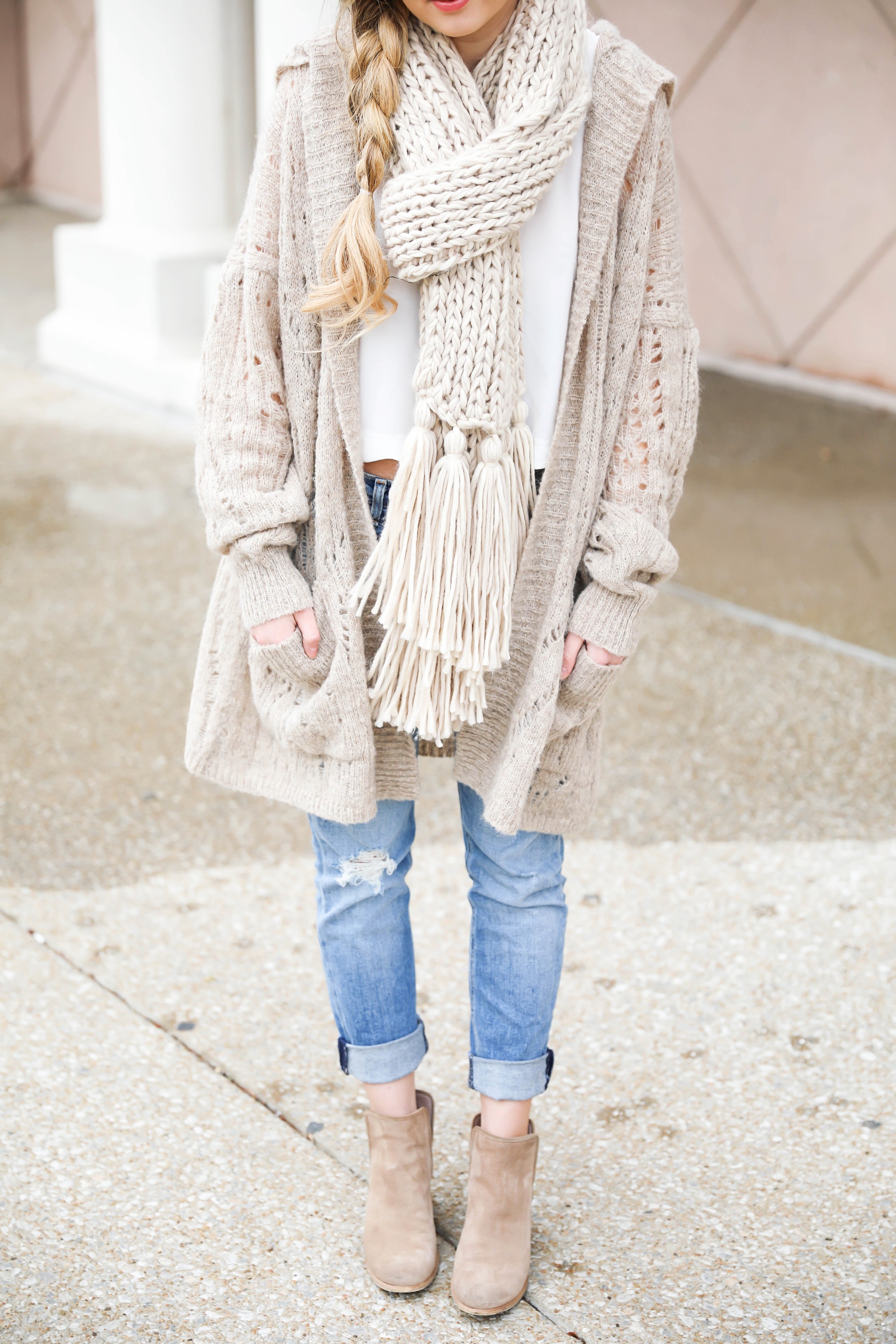 Hooded Free People cardigan! I love this knit cardigan paired with this cozy knit scarf! fit I paired this outfit with my mom jeans to finish the look! Details on fashion blog daily dose of charm by lauren lindmark