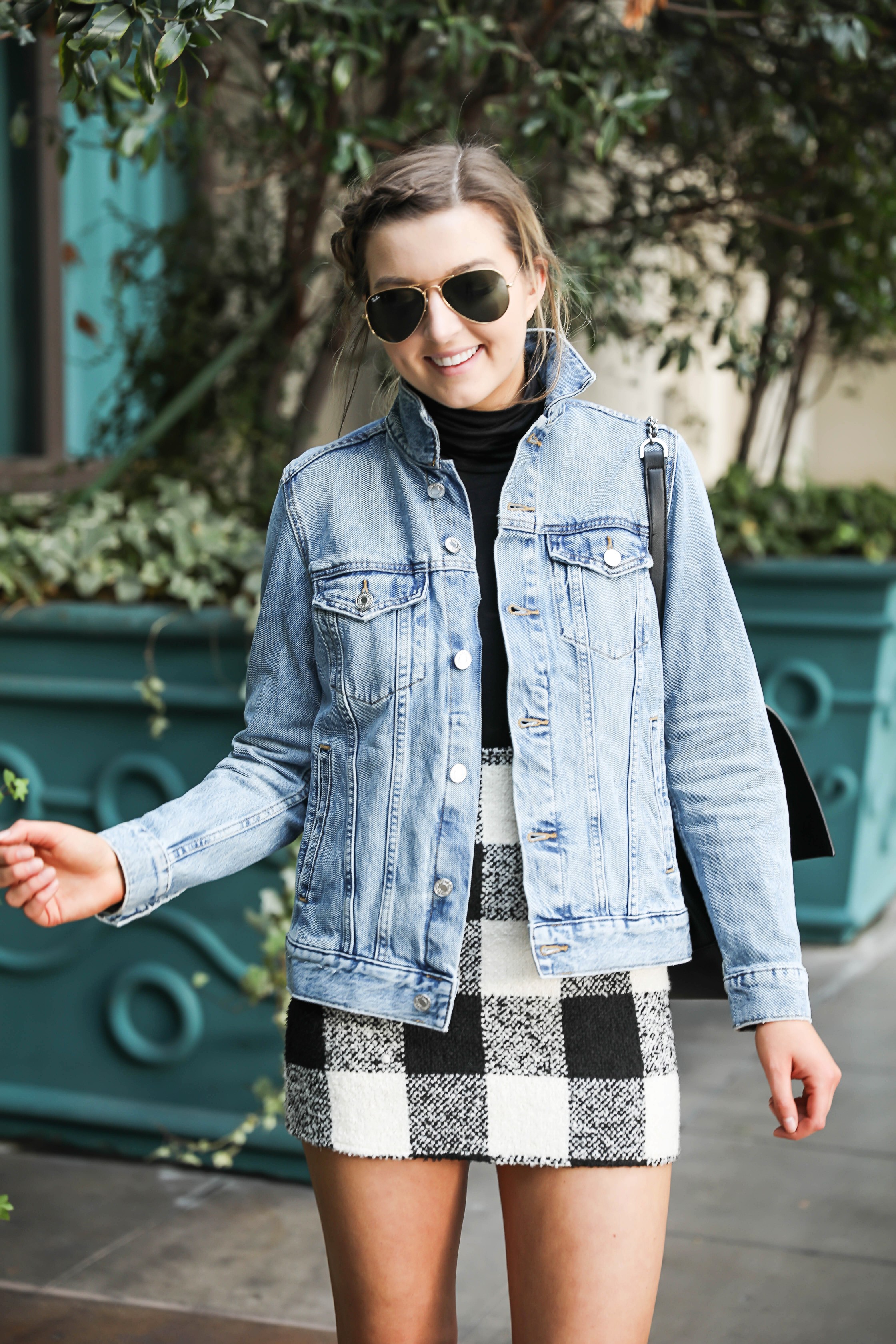 Jean jacket and plaid skirt at the Venetian Hotel & Casino in Las Vegas! Details on fashion blog daily dose of charm by lauren lindmark