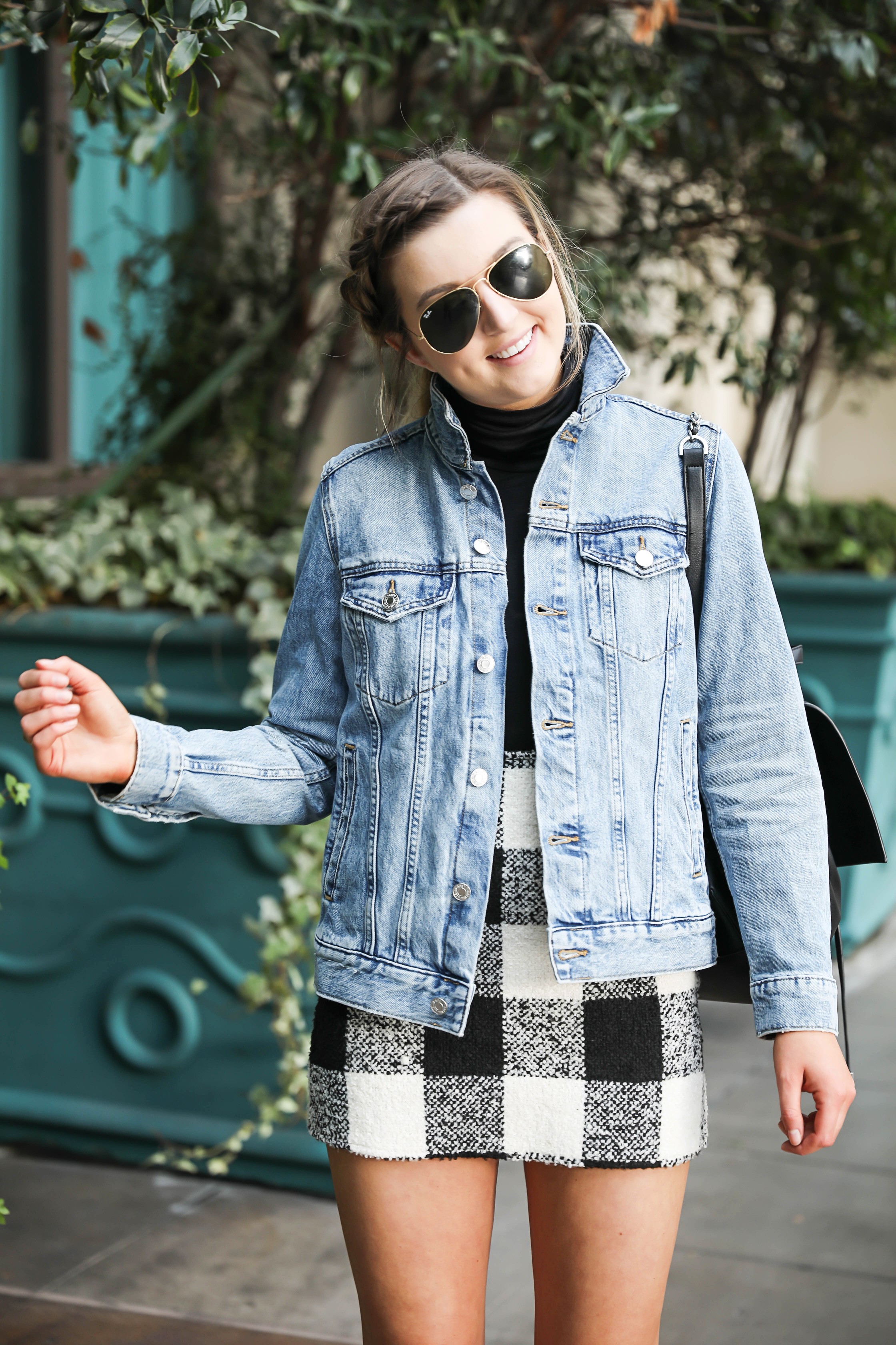 Jean jacket and plaid skirt at the Venetian Hotel & Casino in Las Vegas! Details on fashion blog daily dose of charm by lauren lindmark