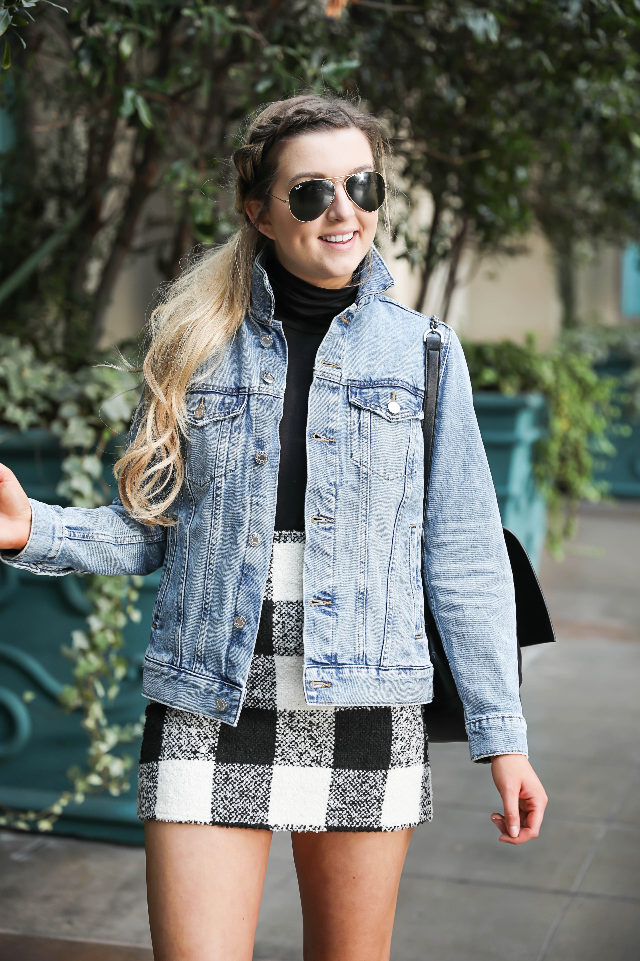 Jean jacket and plaid skirt at the Venetian Hotel & Casino in Las Vegas! Details on fashion blog daily dose of charm by lauren lindmark