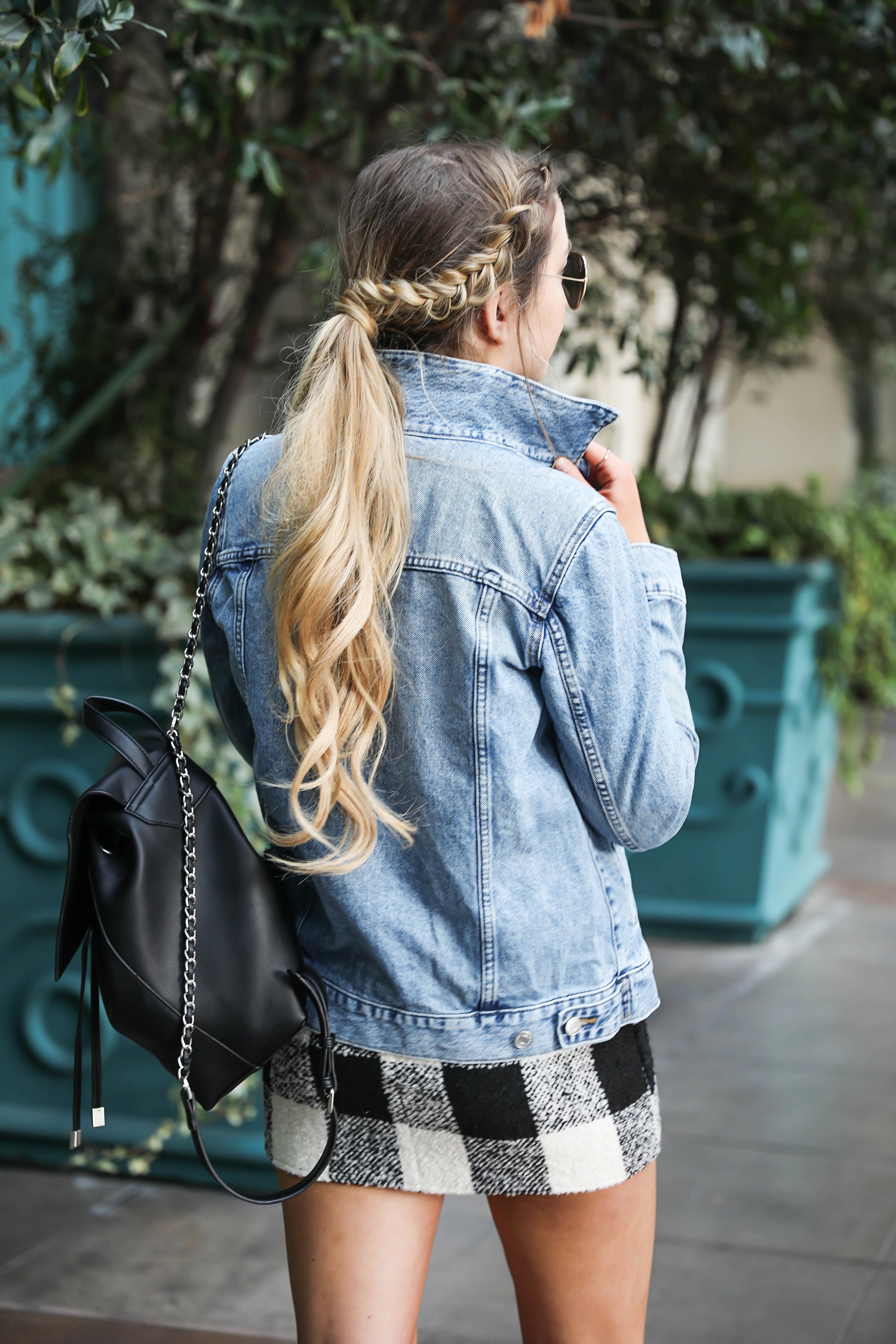 Jean jacket and plaid skirt at the Venetian Hotel & Casino in Las Vegas! Details on fashion blog daily dose of charm by lauren lindmark