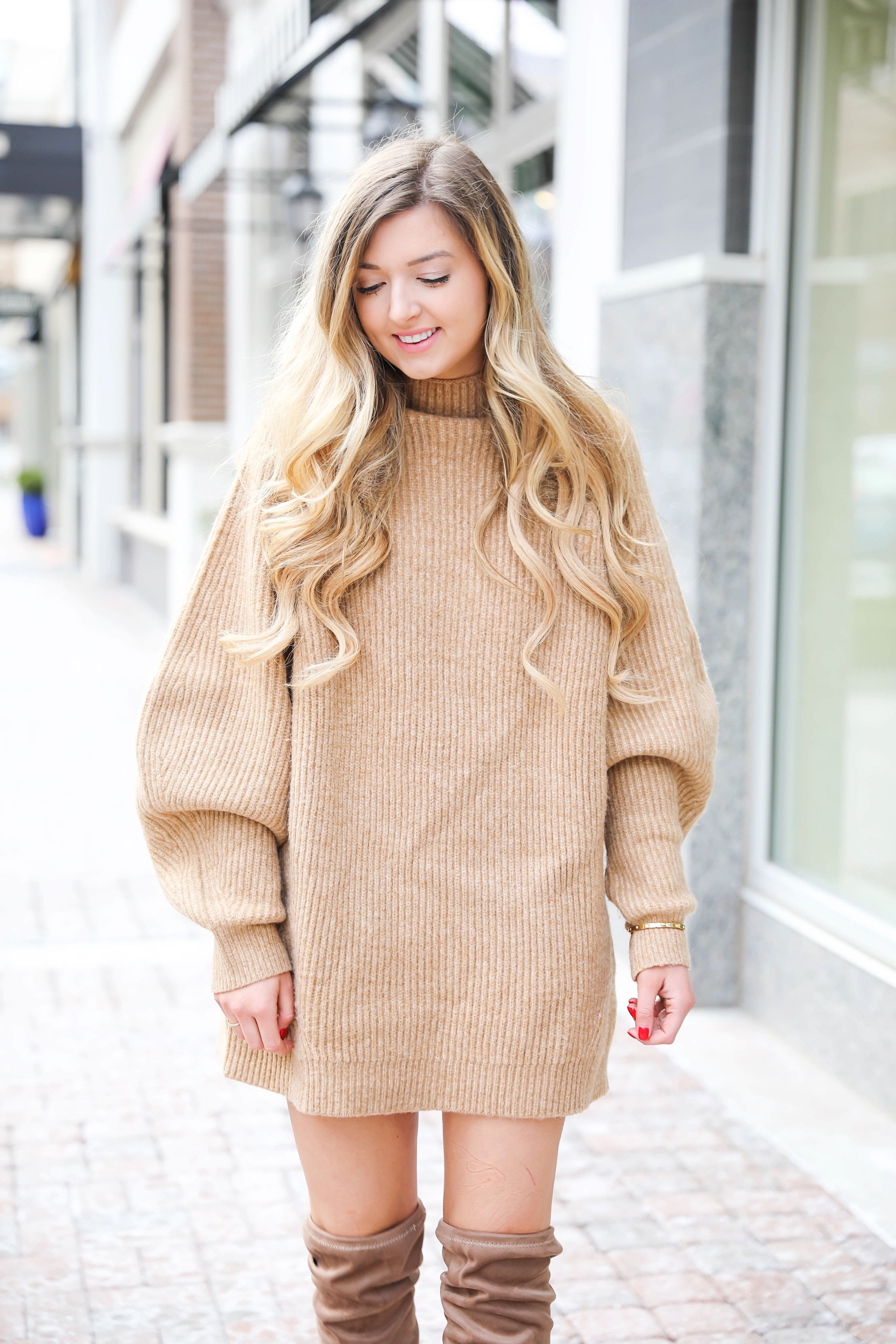 Tan sweater dress from h&m with puffy sleeves. Paired with tan over the ...