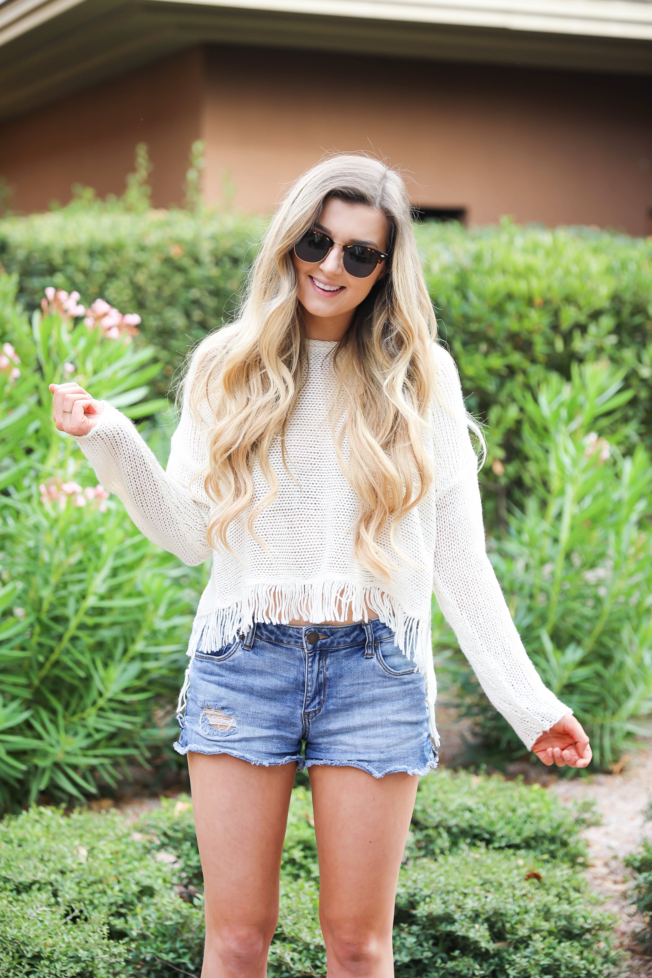 Fringe sweater from Show Me Your Mumu paired with my favorite catus espadrilles shoes! Perfect spring bring break outfit idea! Totally summer vibes on the blog right now! Details on fashion blogger daily dose of charm by lauren lindmark