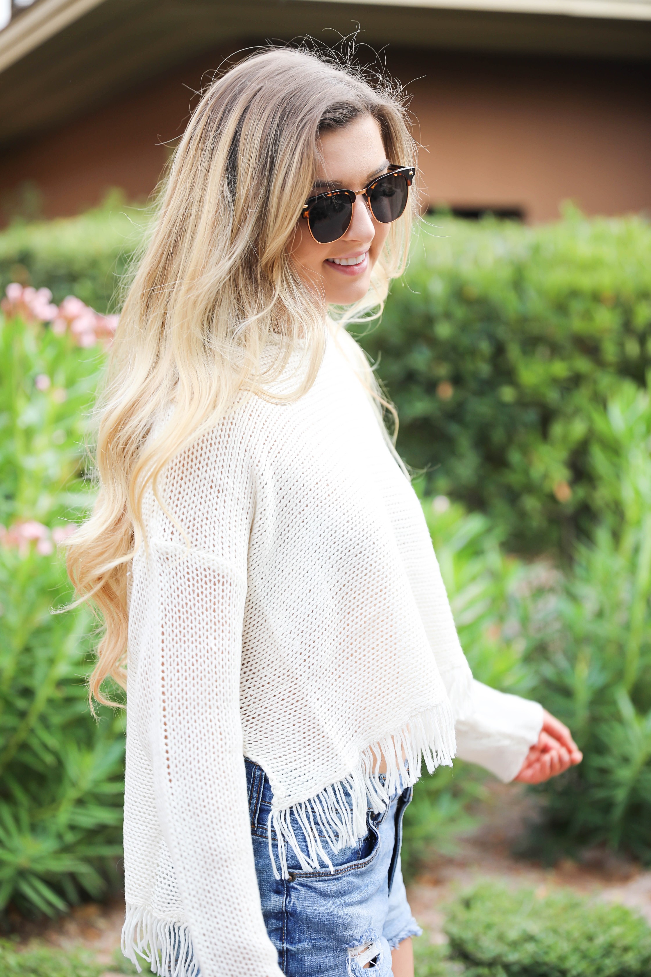 Fringe sweater from Show Me Your Mumu paired with my favorite catus espadrilles shoes! Perfect spring bring break outfit idea! Totally summer vibes on the blog right now! Details on fashion blogger daily dose of charm by lauren lindmark