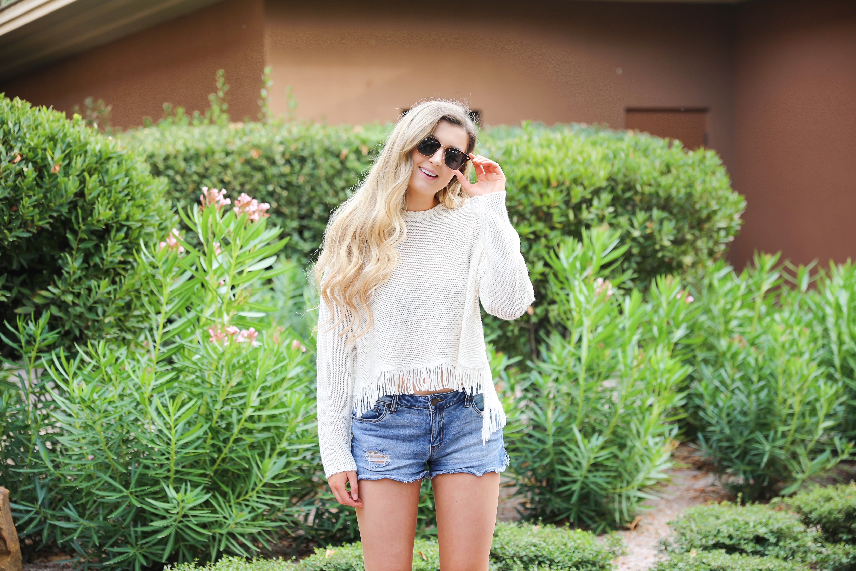 Fringe sweater from Show Me Your Mumu paired with my favorite catus espadrilles shoes! Perfect spring bring break outfit idea! Totally summer vibes on the blog right now! Details on fashion blogger daily dose of charm by lauren lindmark