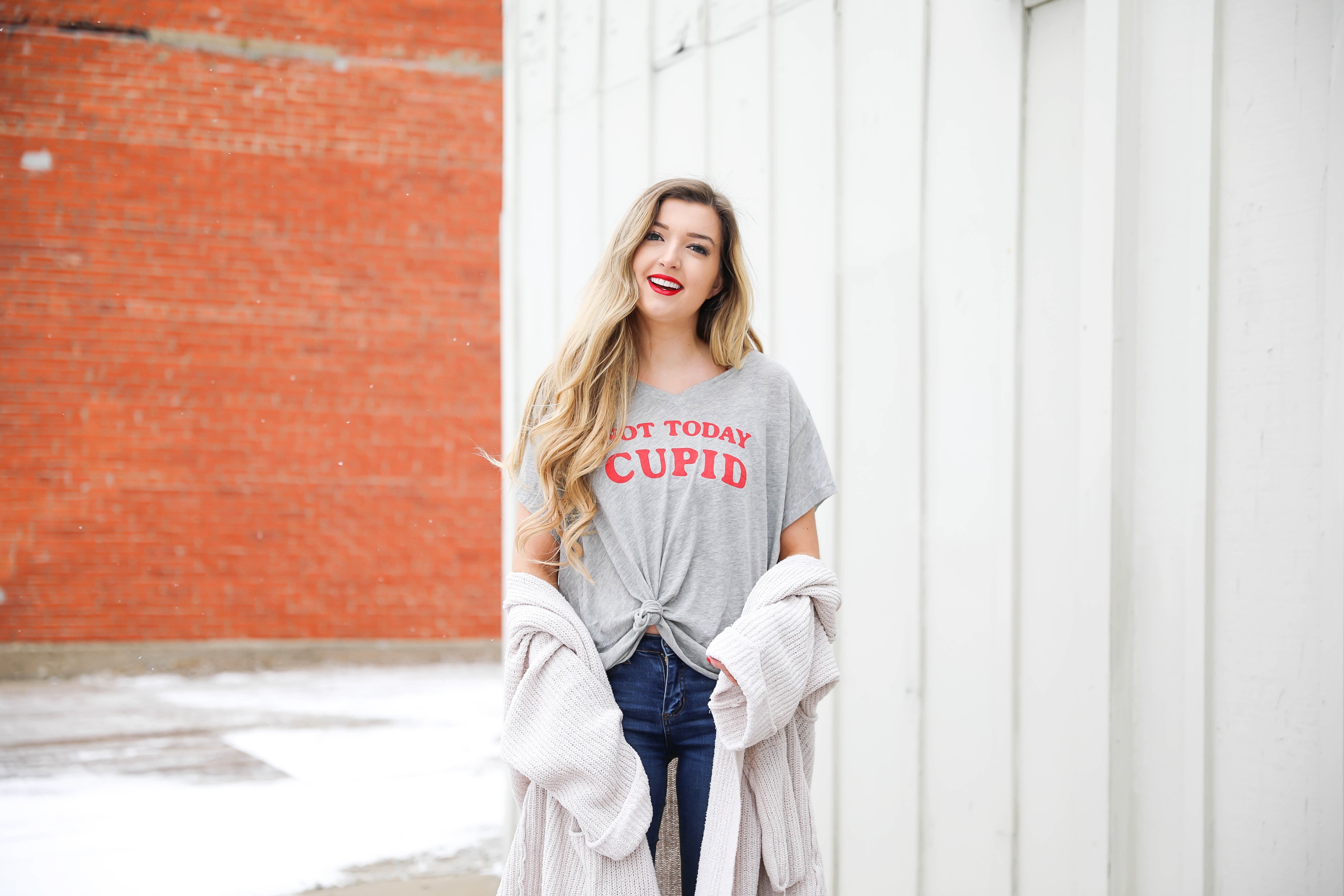 Not today cupid valentine's day tee! Single tee for Valentine's Day. I love this funny valentine's day shirt with free people low tide cardigan over it! I paired it with my red glossy hunter boots! Details on daily dose of charm by lauren lindmark