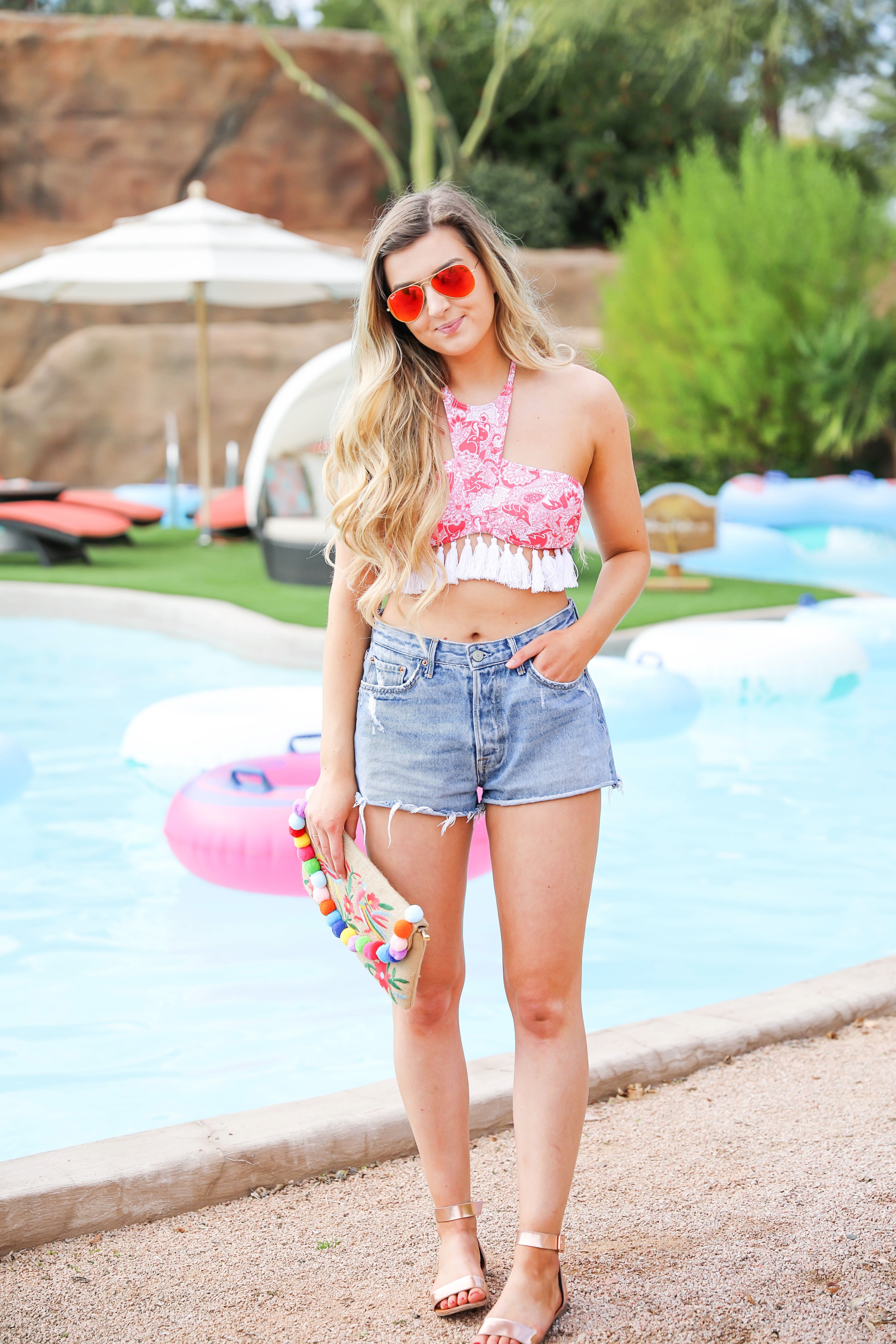 Red Dress Boutique swimsuit! Cute pink tassel bikini with mom shorts! Cute spring break outfit idea on fashion blog daily dose of charm by lauren lindmark