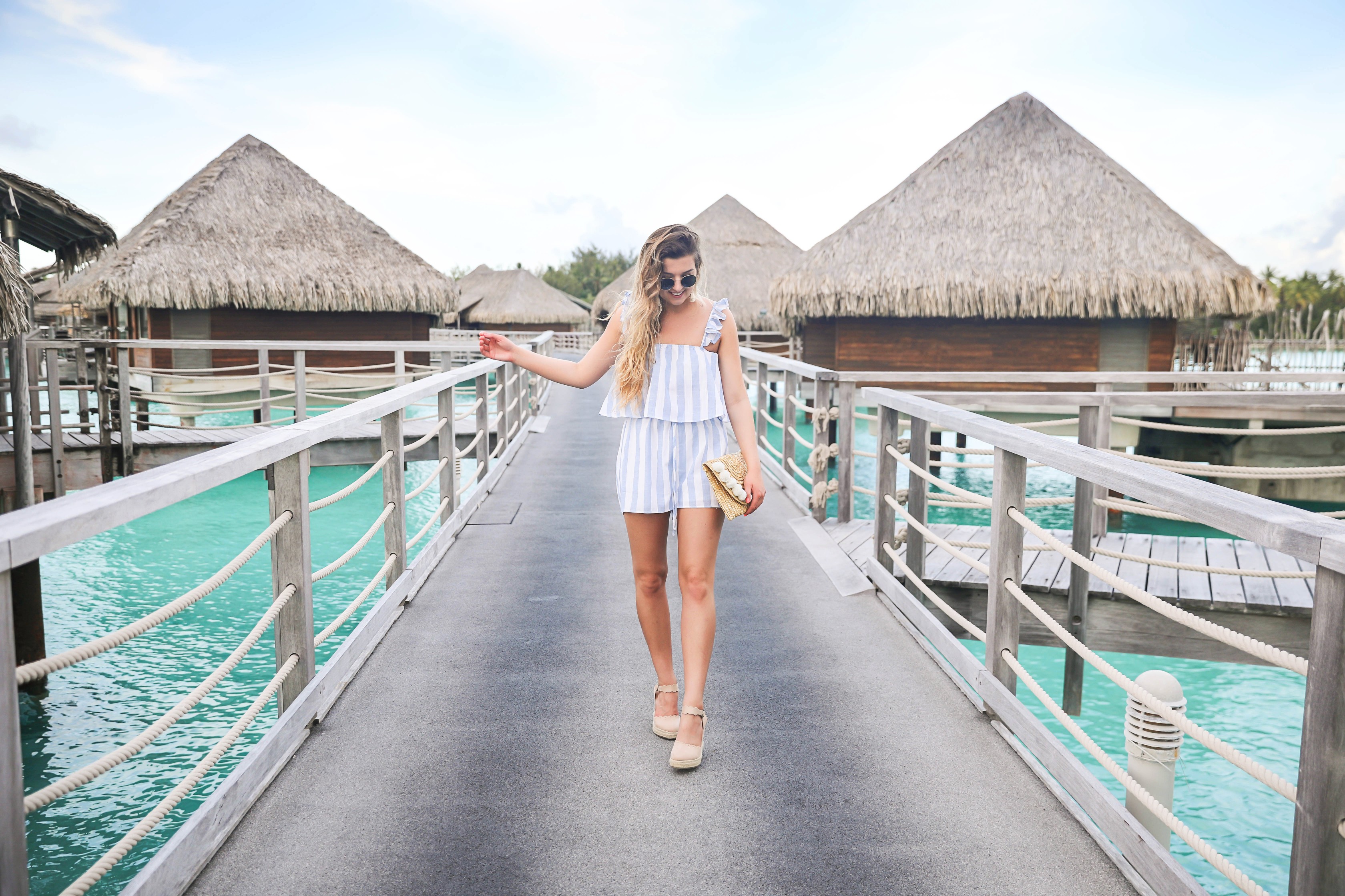 Bora Bora Intercontinental Hotel Thalasso! Trip to Bora Bora on fashion and travel blog Daily Dose of Charm by Lauren Lindmark! The perfect beach outfit! Striped blue and white two piece outfit!