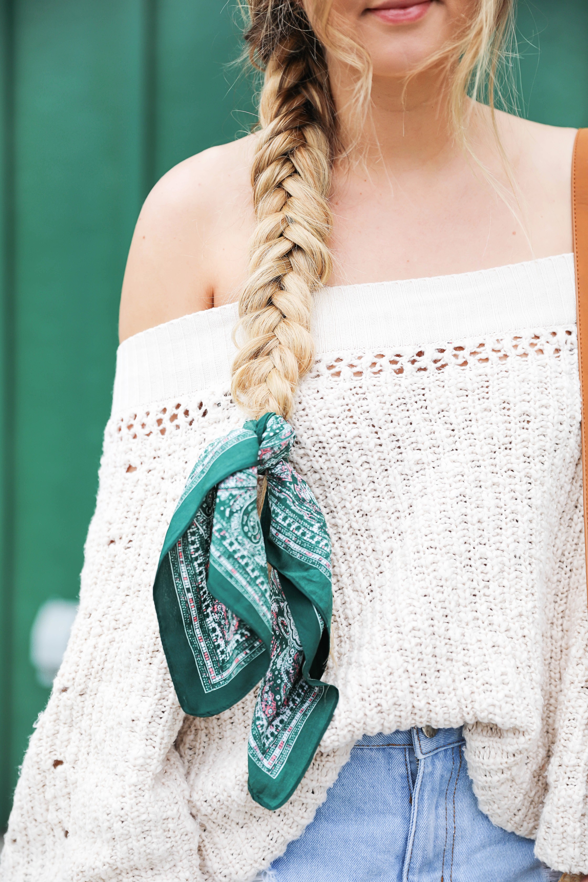 Free People slouchy off the shoulder cream sweater! Paired with light wash ripped denim shorts and a silk hair scarf tied around my fishtail braid! Get details on fashion blog daily dose of charm by lauren lindmark