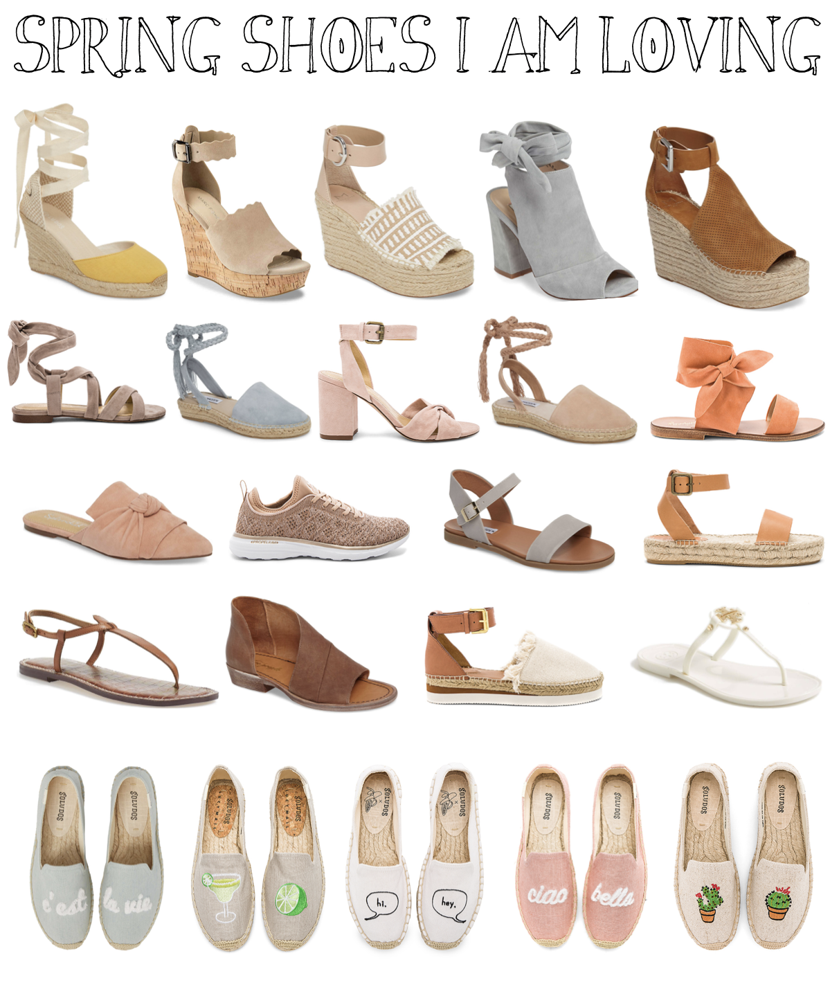 Spring shoes I am loving! Cute spring wedges, sandals, soludos, and more! Details on daily dose of charm by Lauren Lindmark