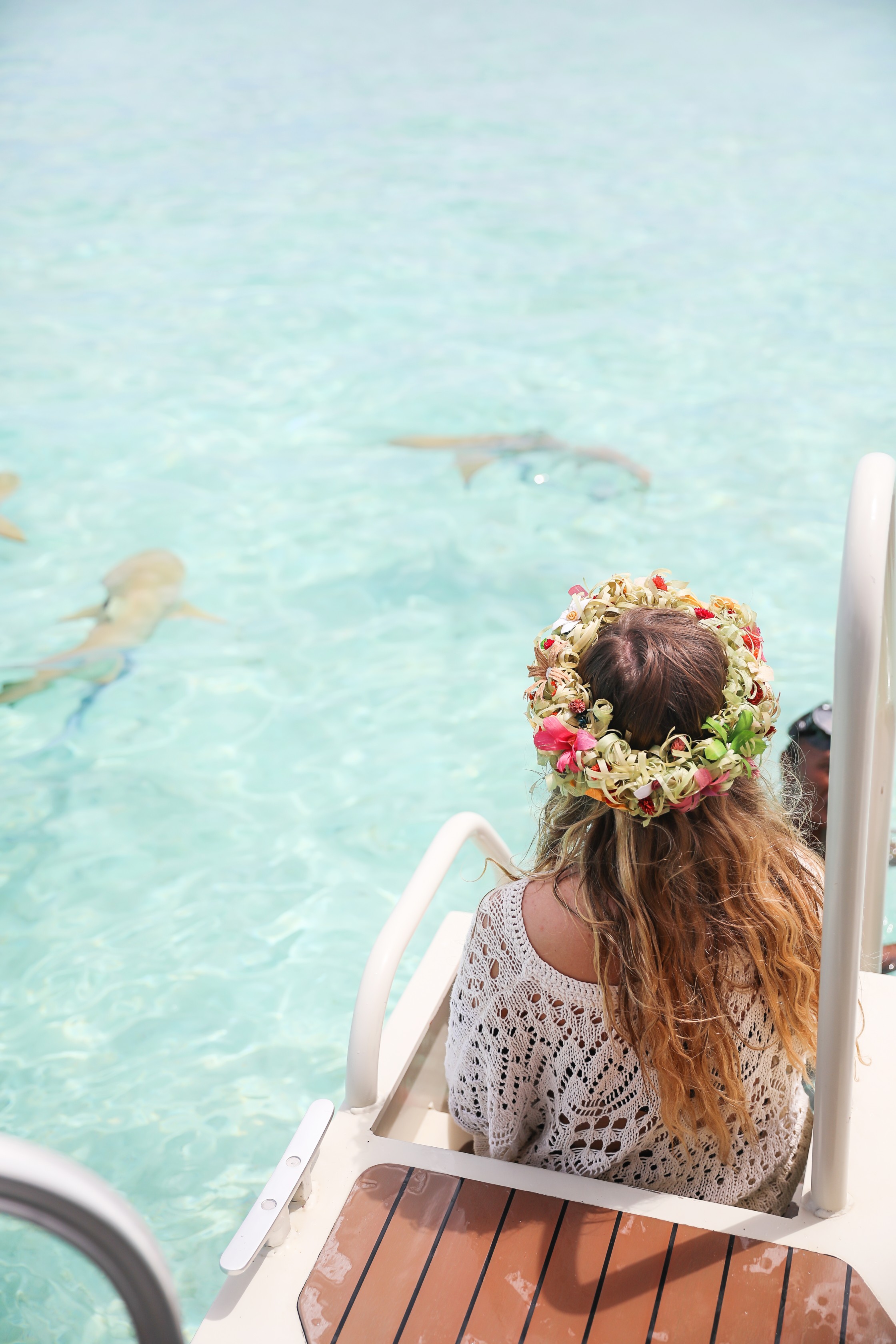 Swimming with sharks in Bora Bora, French Polynesia! I wore the prettiest Bora Bora flower crown by the ocean! The water was so clear and blue! Details on travel blog daily dose of charm by travel blogger and fashion blogger lauren lindmark