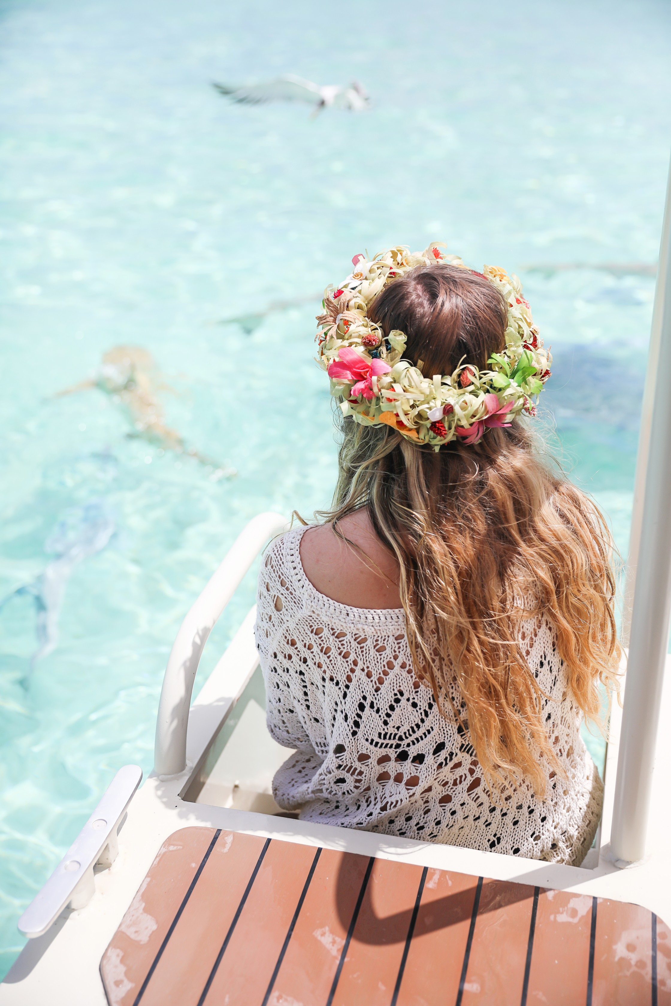 Swimming with sharks in Bora Bora, French Polynesia! I wore the prettiest Bora Bora flower crown by the ocean! The water was so clear and blue! Details on travel blog daily dose of charm by travel blogger and fashion blogger lauren lindmark