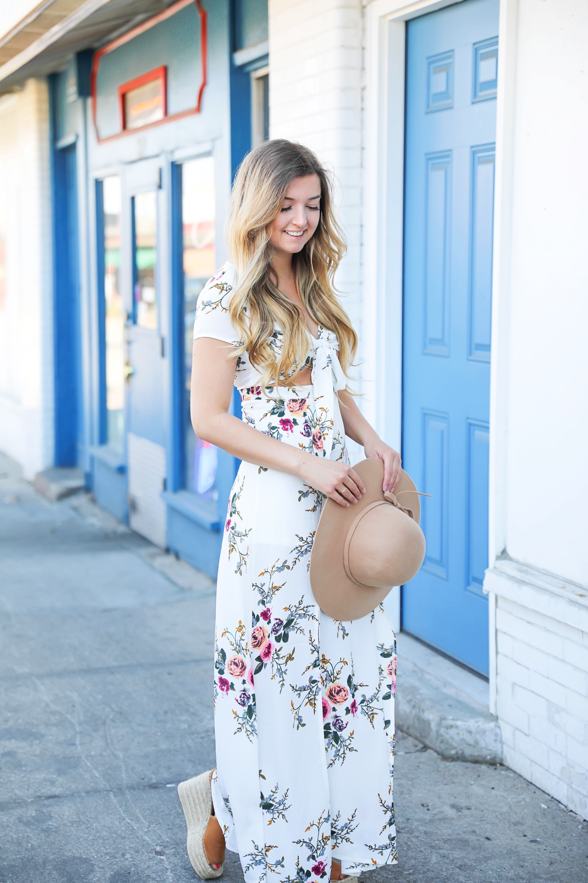 White floral maxi dress from showpo! I love how the dress is tied at the top and the stomach is open! I paired it with a tan felt floppy hat and cute espadrille wedges! Details on fashion blog from kansas city daily dose of charm by lauren lindmark