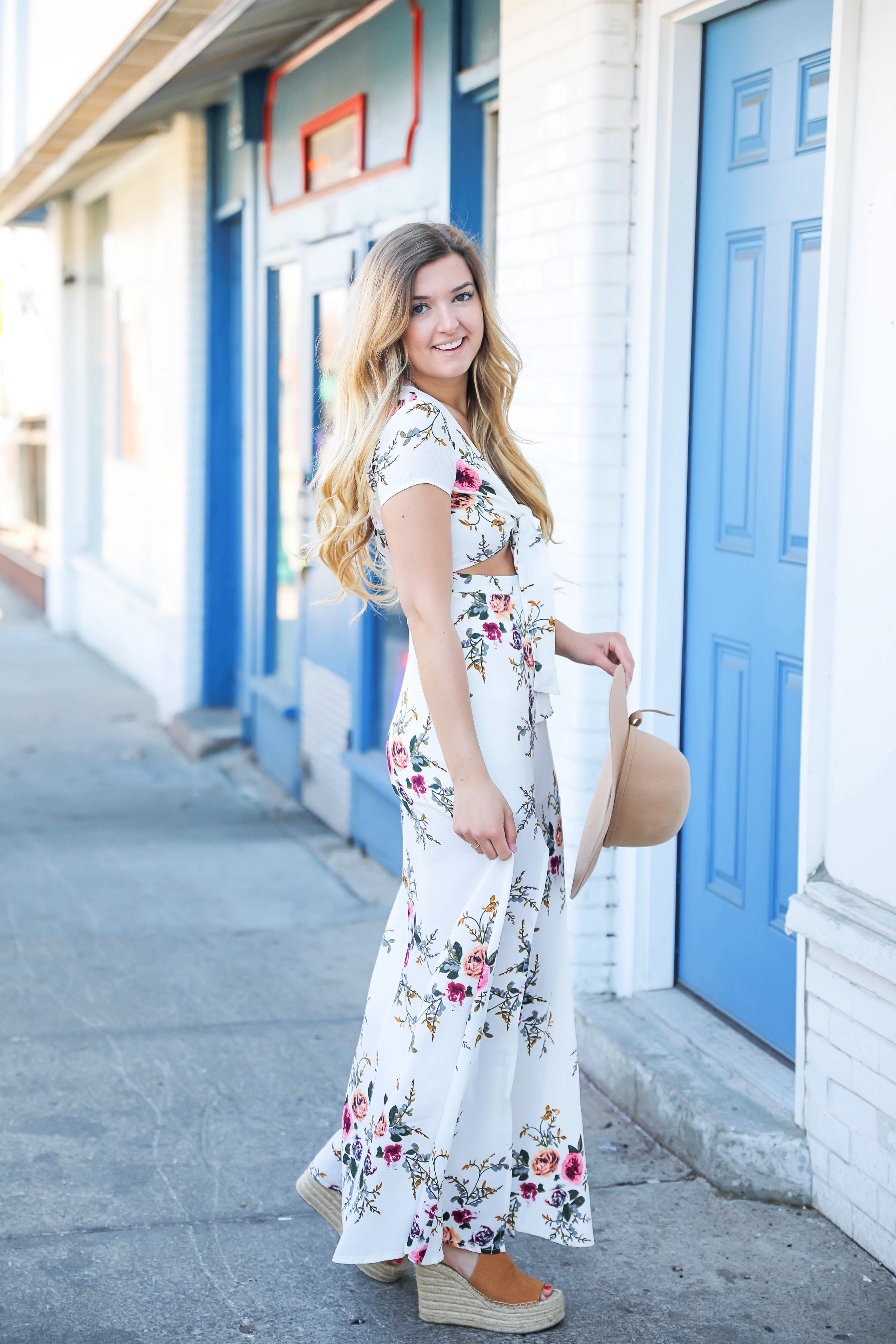 White floral maxi dress from showpo! I love how the dress is tied at the top and the stomach is open! I paired it with a tan felt floppy hat and cute espadrille wedges! Details on fashion blog from kansas city daily dose of charm by lauren lindmark