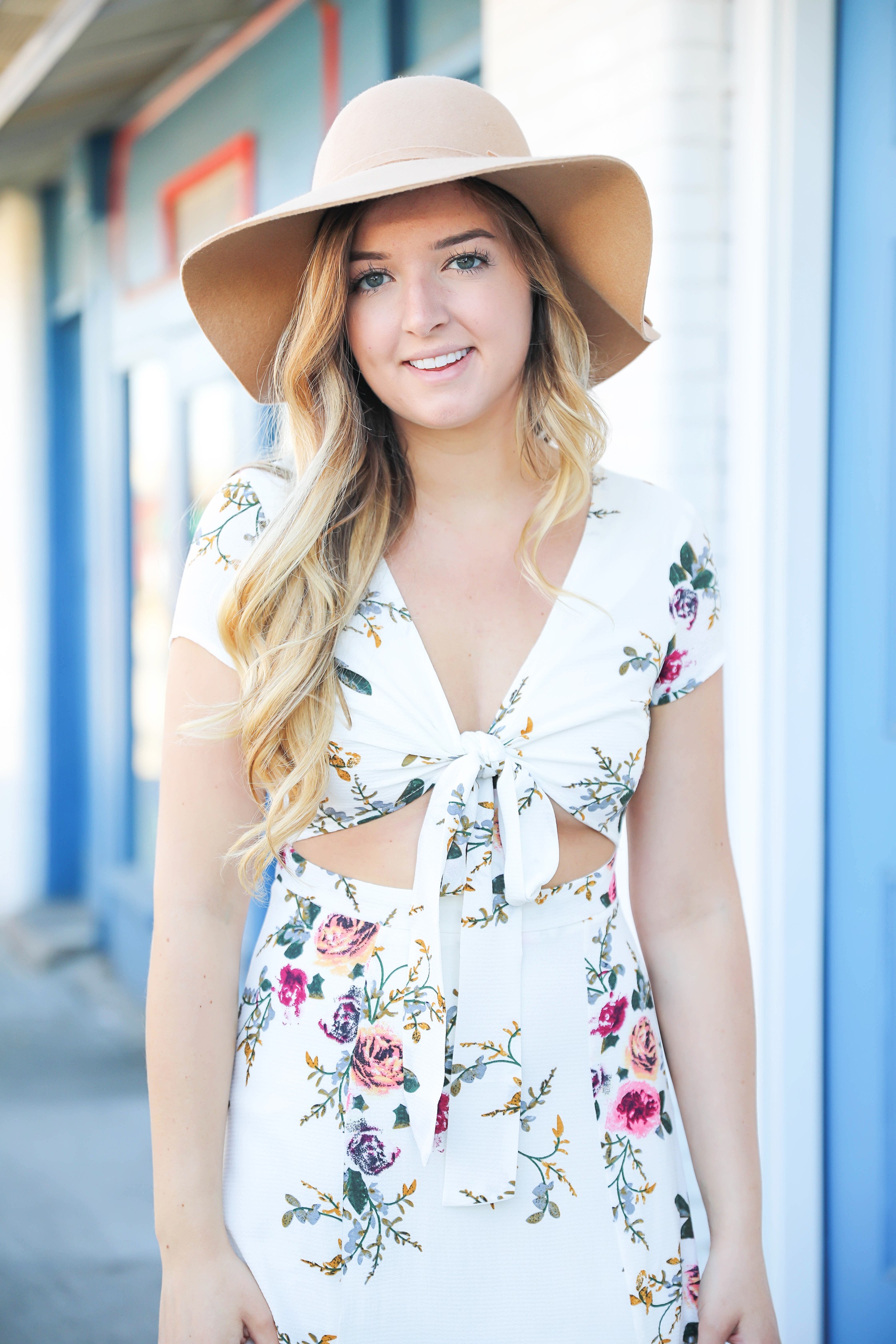 White floral maxi dress from showpo! I love how the dress is tied at the top and the stomach is open! I paired it with a tan felt floppy hat and cute espadrille wedges! Details on fashion blog from kansas city daily dose of charm by lauren lindmark