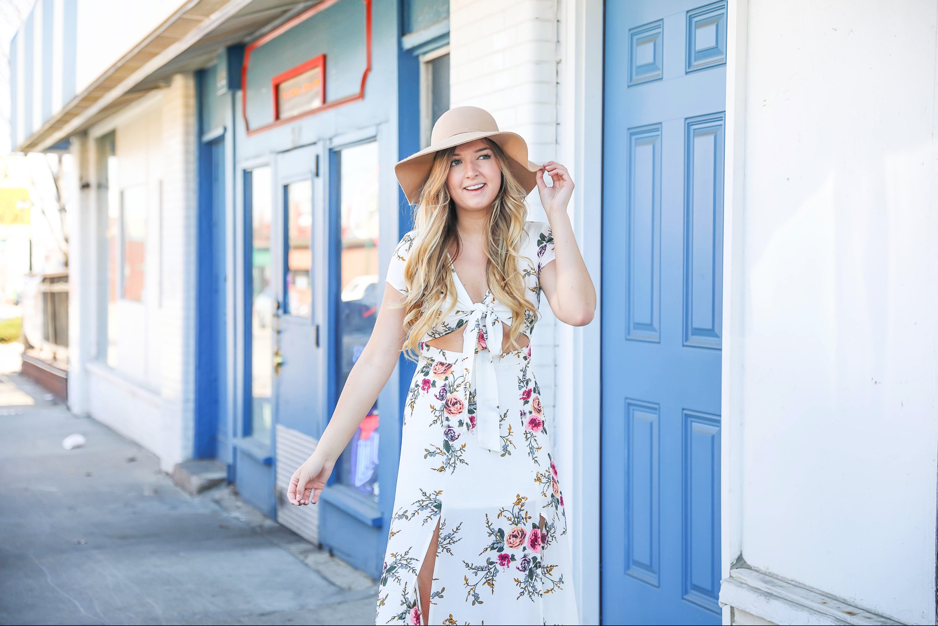 White floral maxi dress from showpo! I love how the dress is tied at the top and the stomach is open! I paired it with a tan felt floppy hat and cute espadrille wedges! Details on fashion blog from kansas city daily dose of charm by lauren lindmark