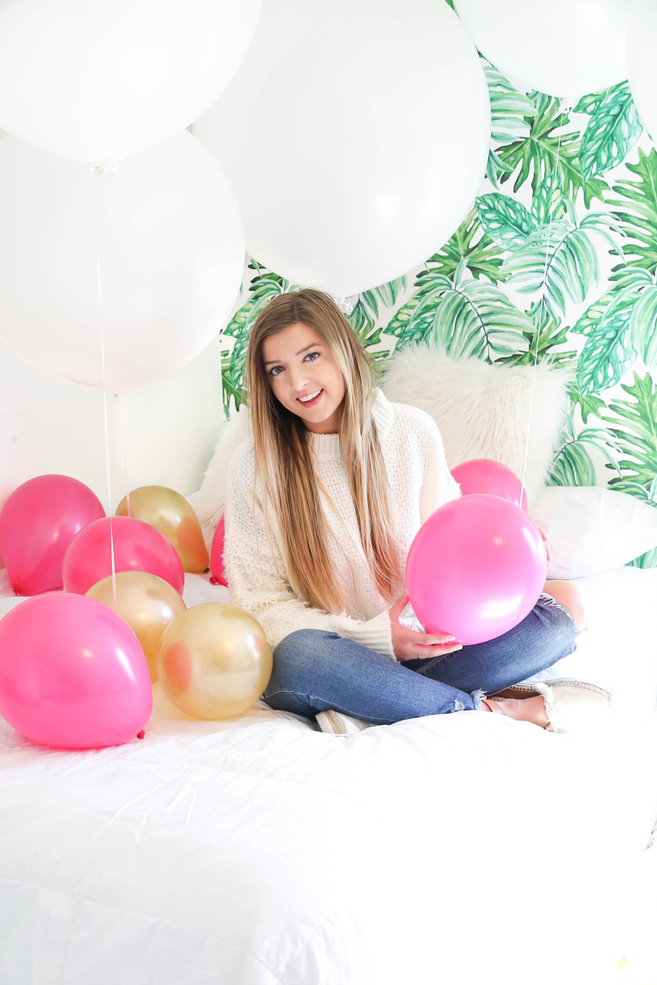 Birthday photoshoot with balloons on the bed fashion blog daily dose of charm by lauren lindmark