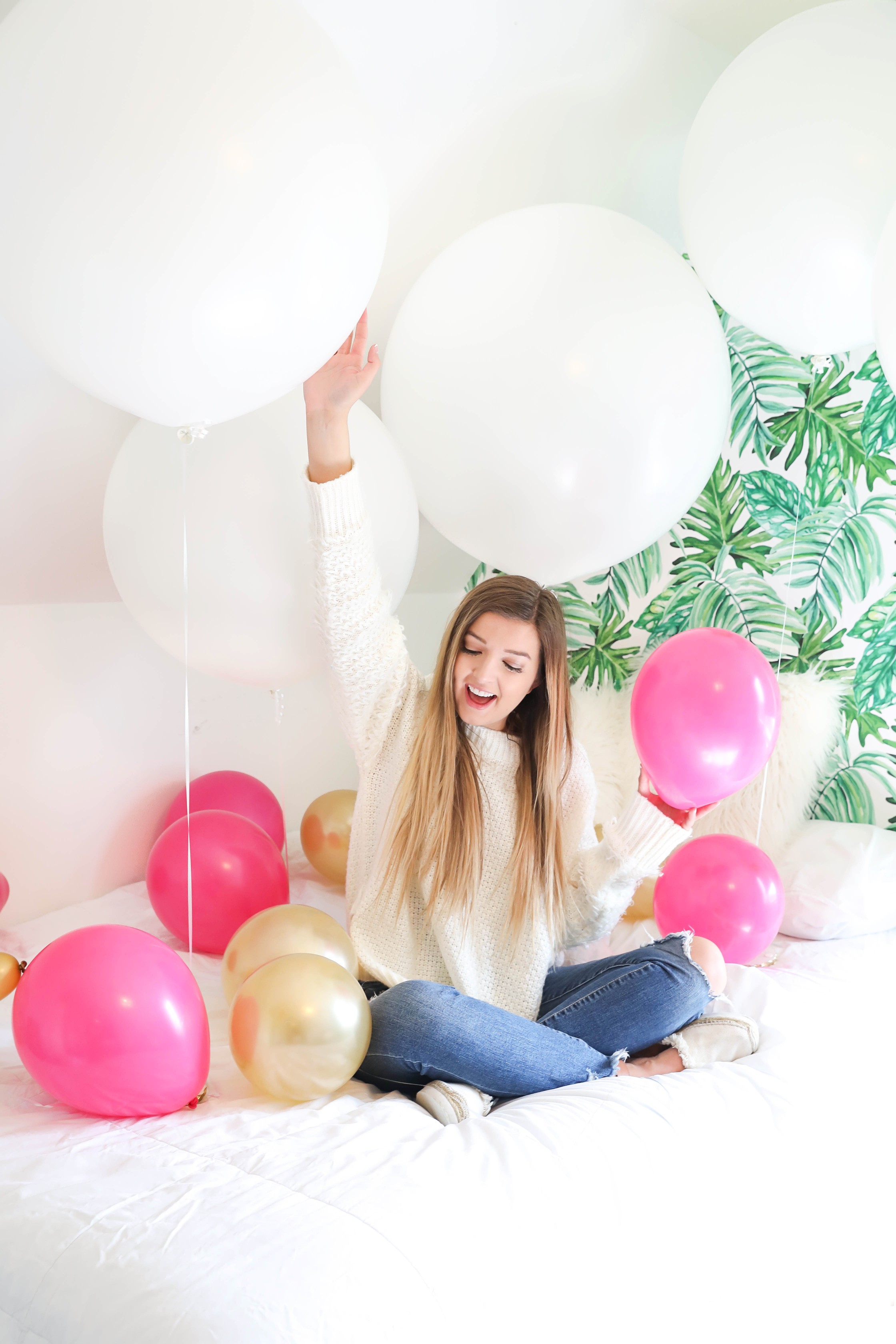 Birthday photoshoot with balloons on the bed fashion blog daily dose of charm by lauren lindmark