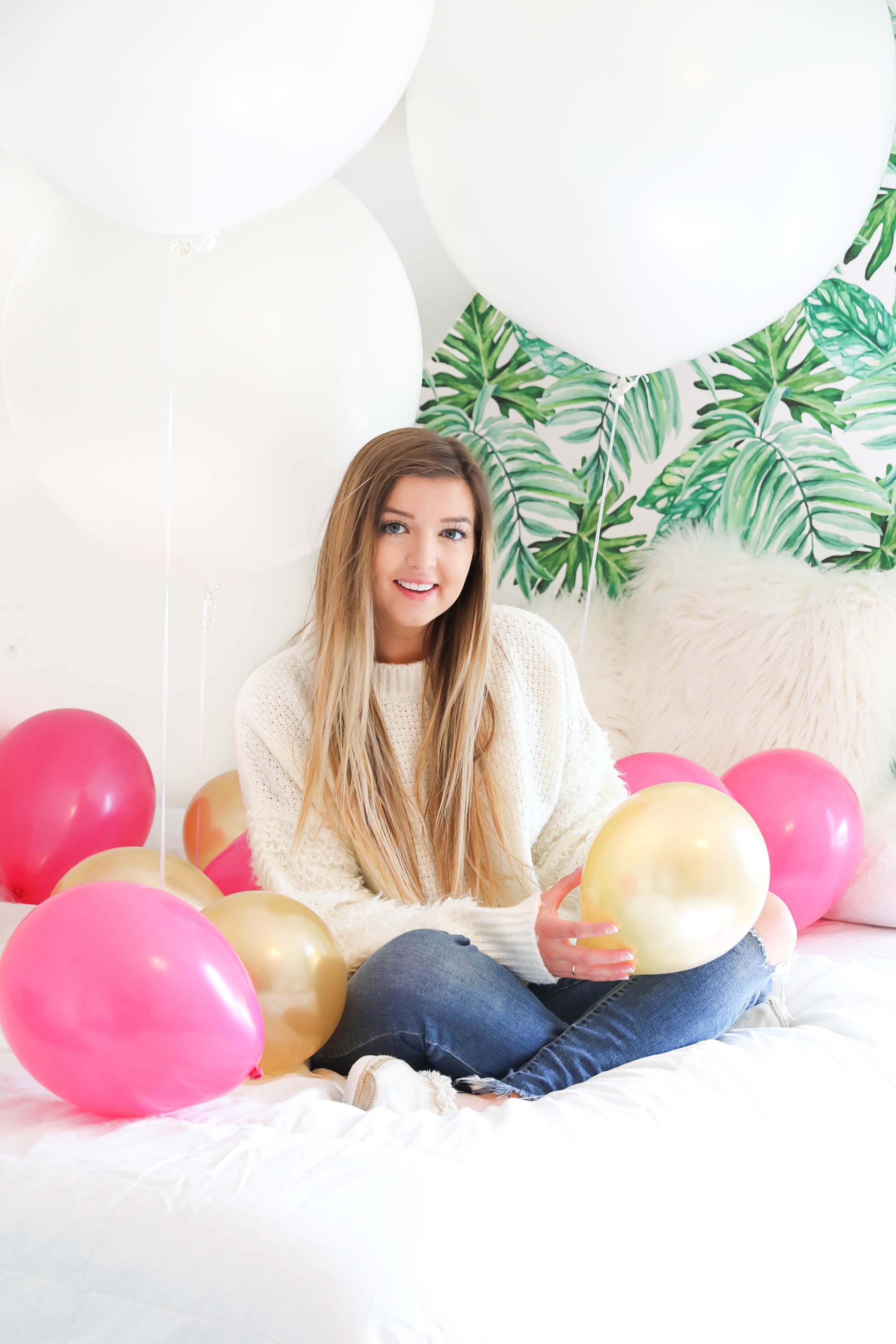 Birthday photoshoot with balloons on the bed fashion blog daily dose of charm by lauren lindmark