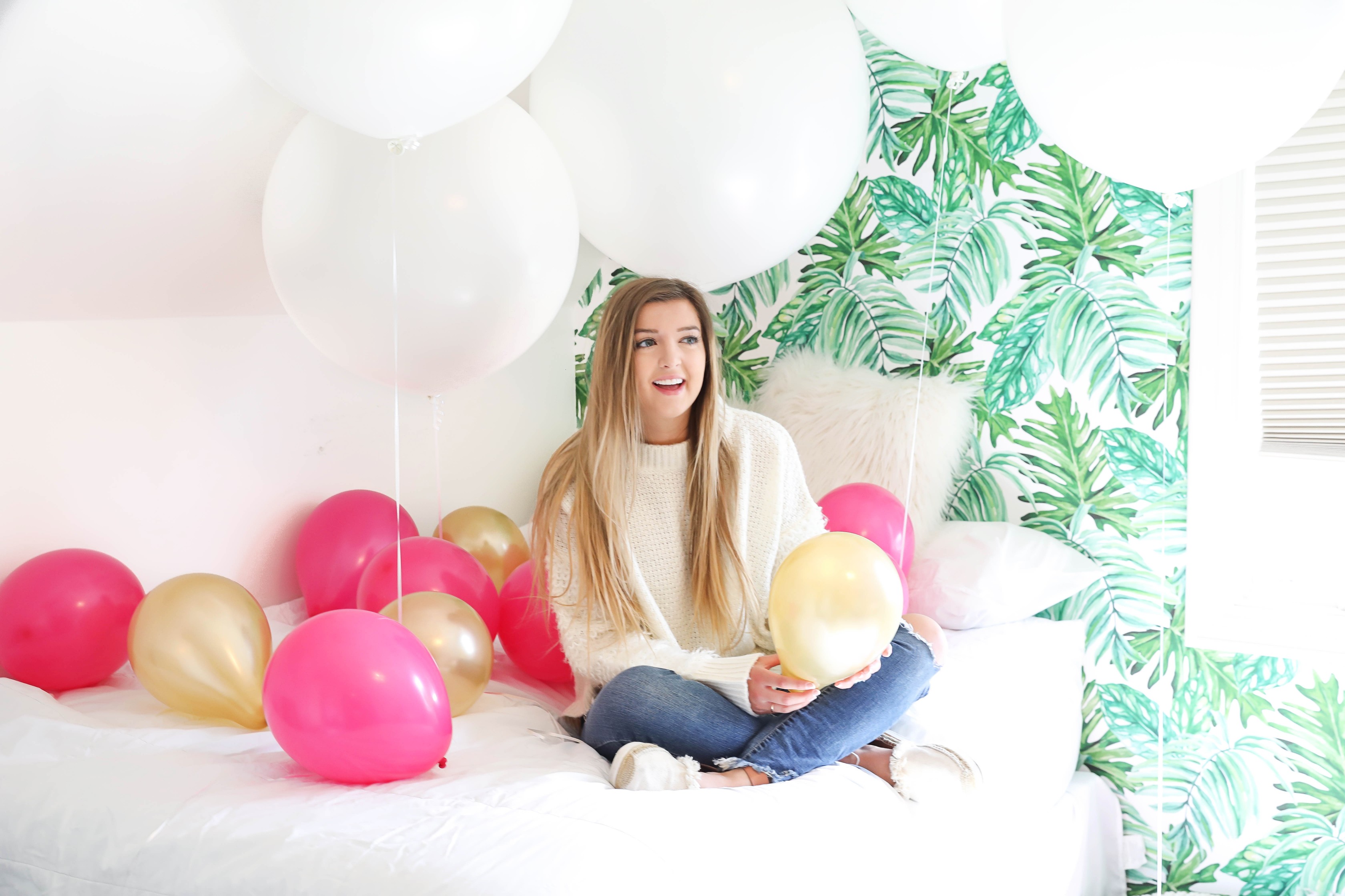 Birthday photoshoot with balloons on the bed fashion blog daily dose of charm by lauren lindmark