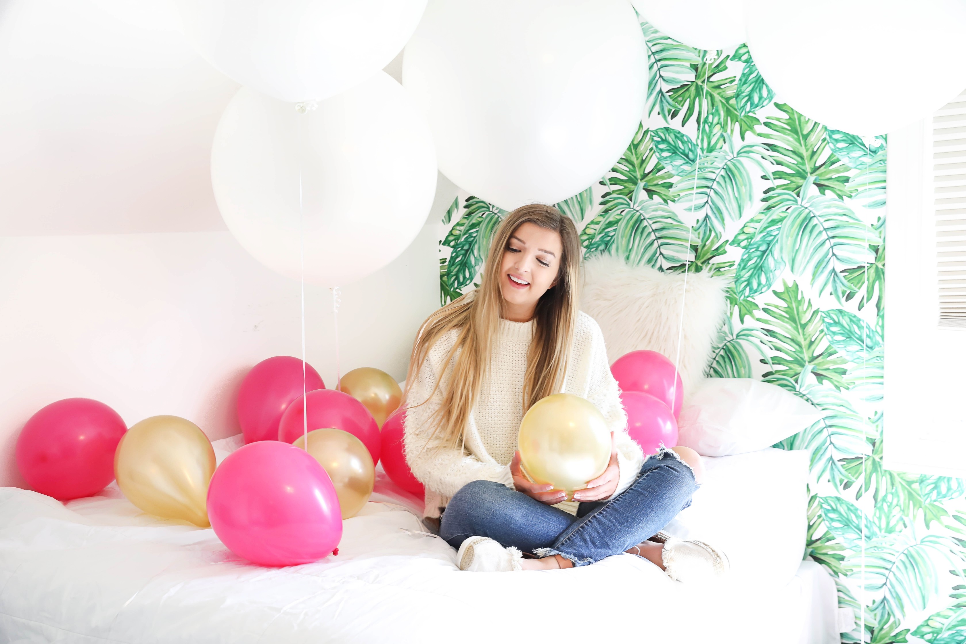 Birthday photoshoot with balloons on the bed fashion blog daily dose of charm by lauren lindmark