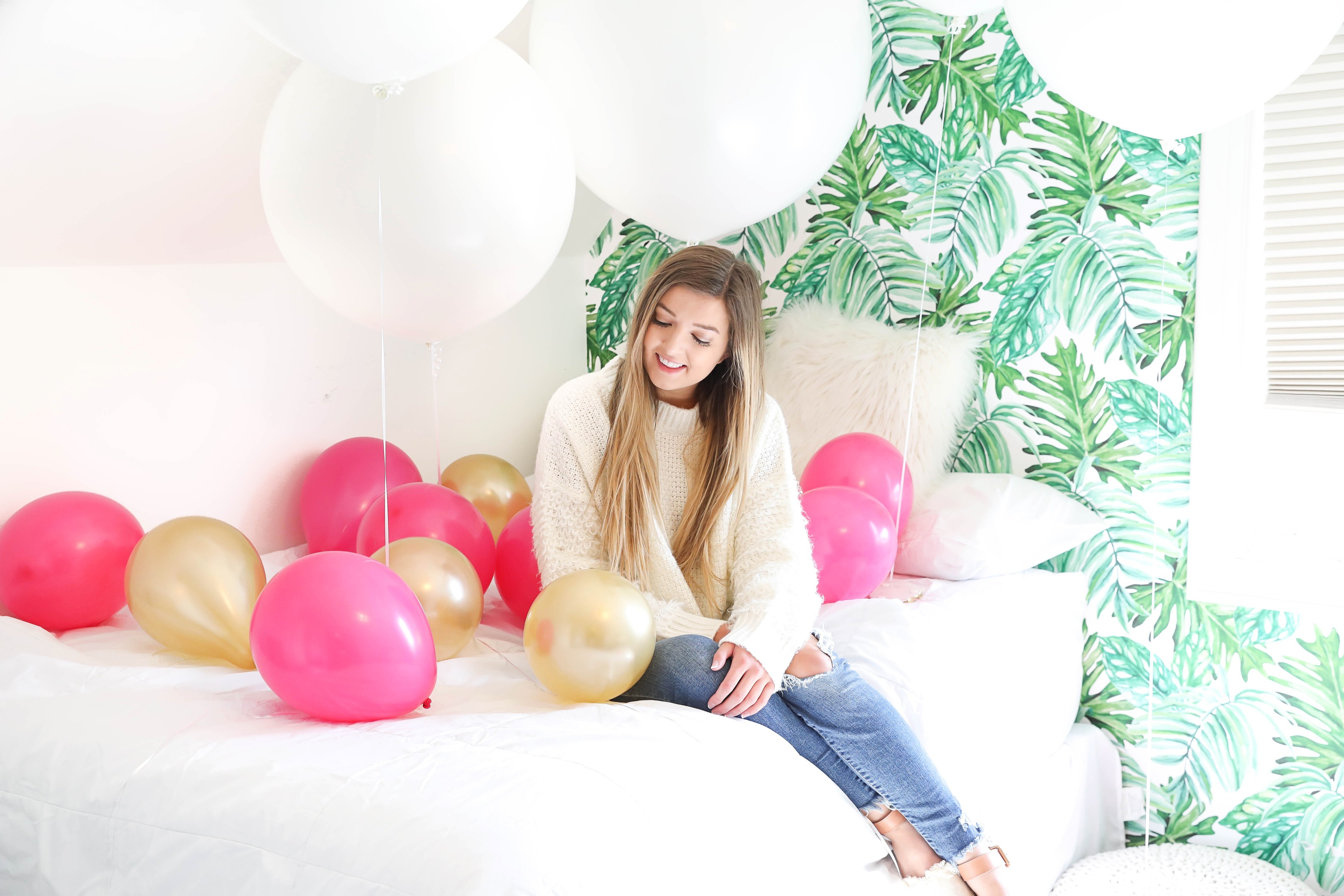 Birthday photoshoot with balloons on the bed fashion blog daily dose of charm by lauren lindmark