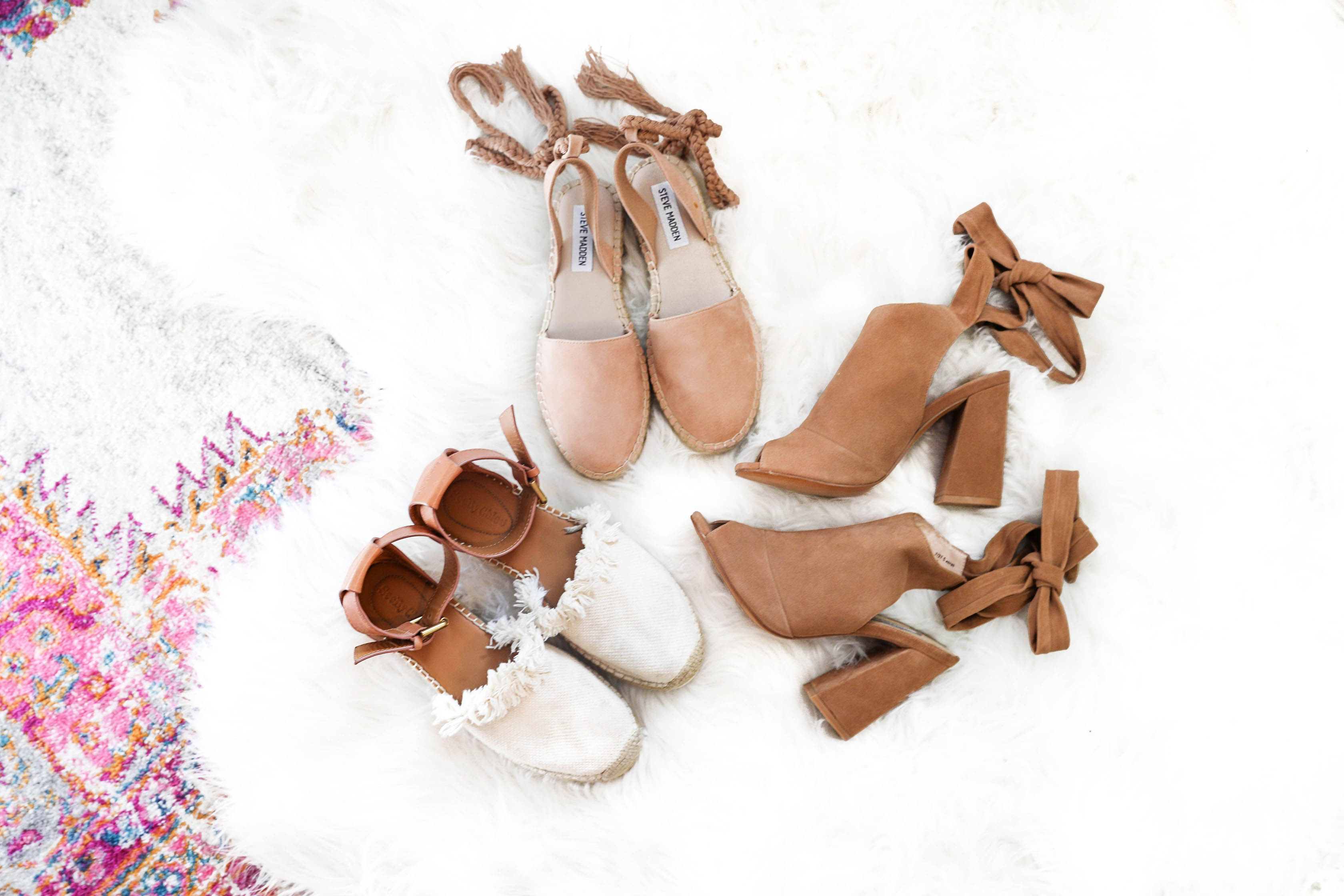 Spring shoes roundup! Sandals, wedges, heels, strappy shoes, and more! Details on fashion blog daily dose of charm by lauren Lindmark! Cute shoes flatlay on fuzzy rug
