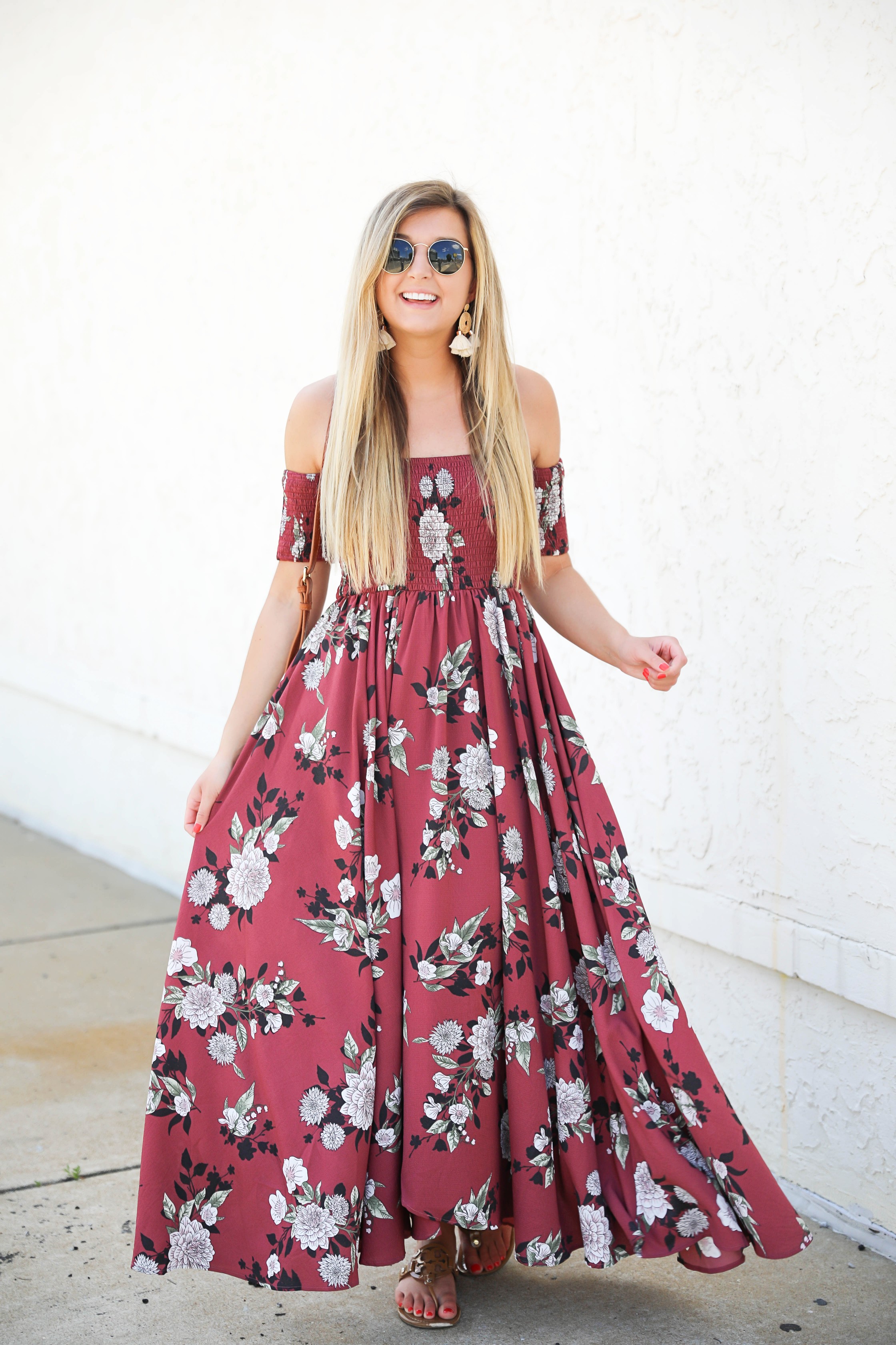 Mauve floral maxi dress from Showpo! This cute sundress is perfect for summer! I love off the shoulder dresses and it's so cute that it is maxi! Details on fashion blog daily dose of charm by lauren lindmark