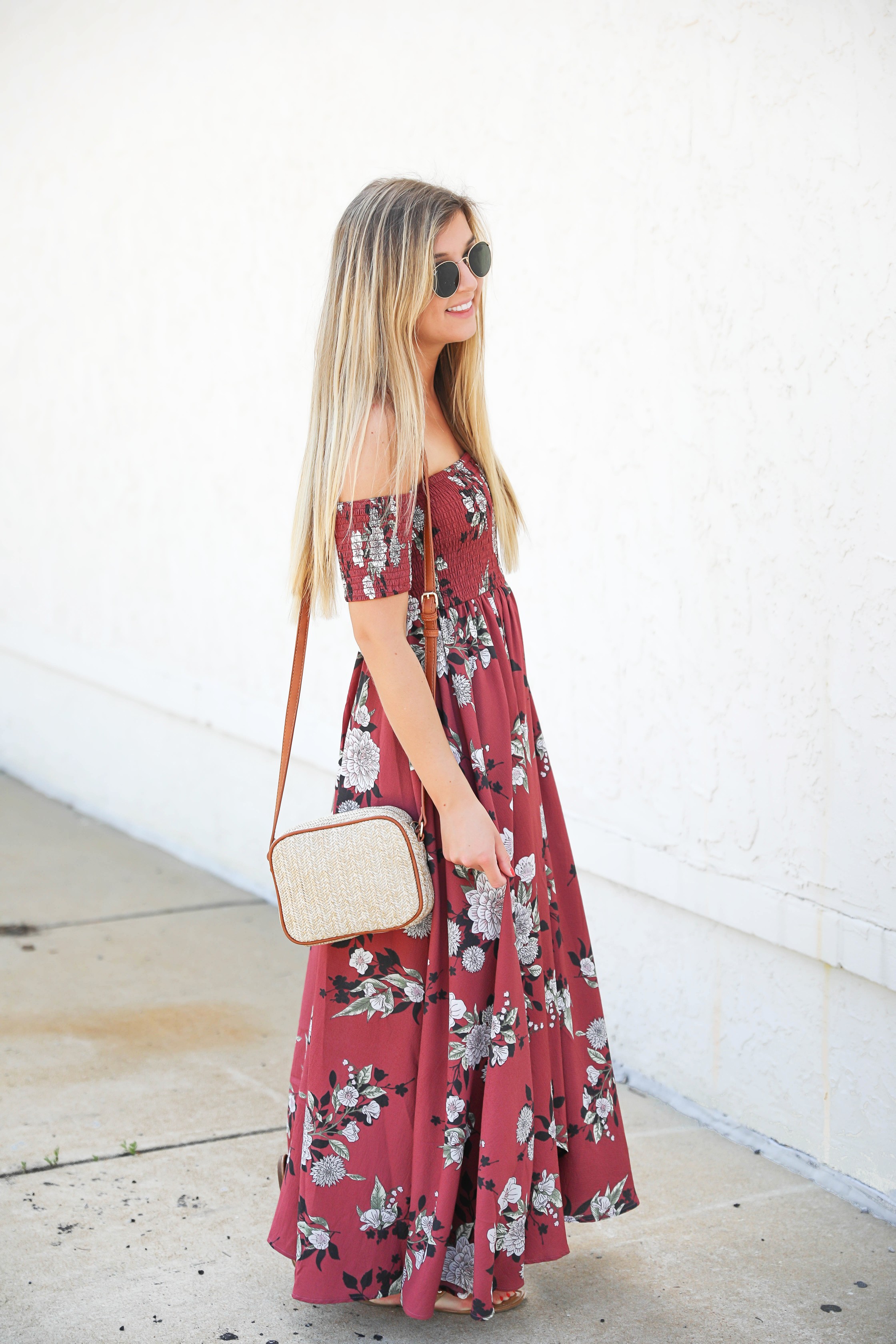 Mauve floral maxi dress from Showpo! This cute sundress is perfect for summer! I love off the shoulder dresses and it's so cute that it is maxi! Details on fashion blog daily dose of charm by lauren lindmark