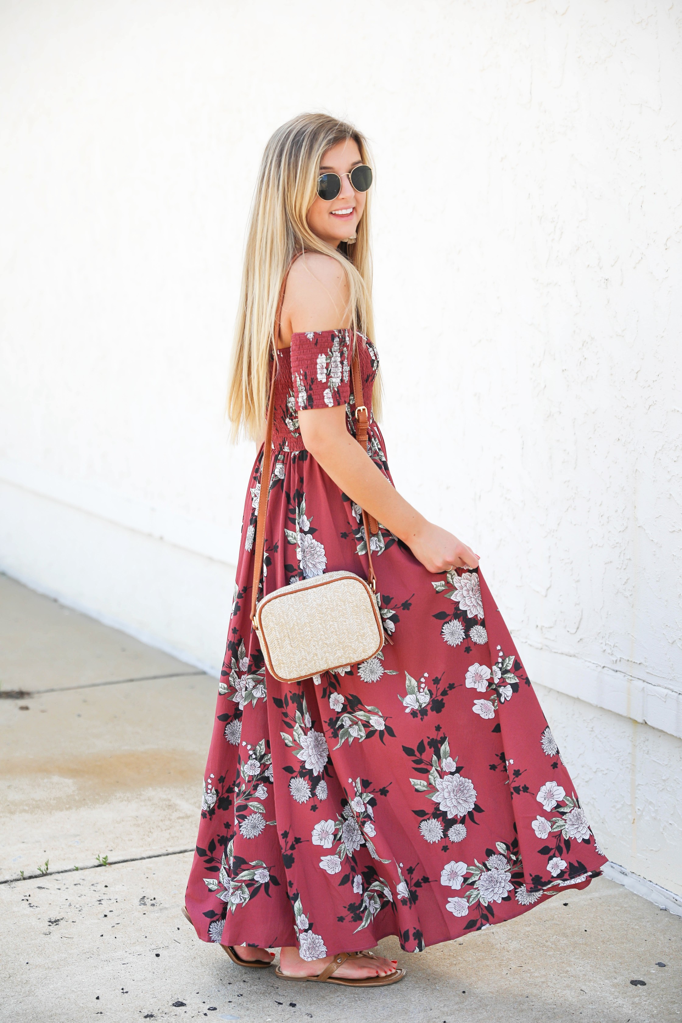 Mauve floral maxi dress from Showpo! This cute sundress is perfect for summer! I love off the shoulder dresses and it's so cute that it is maxi! Details on fashion blog daily dose of charm by lauren lindmark