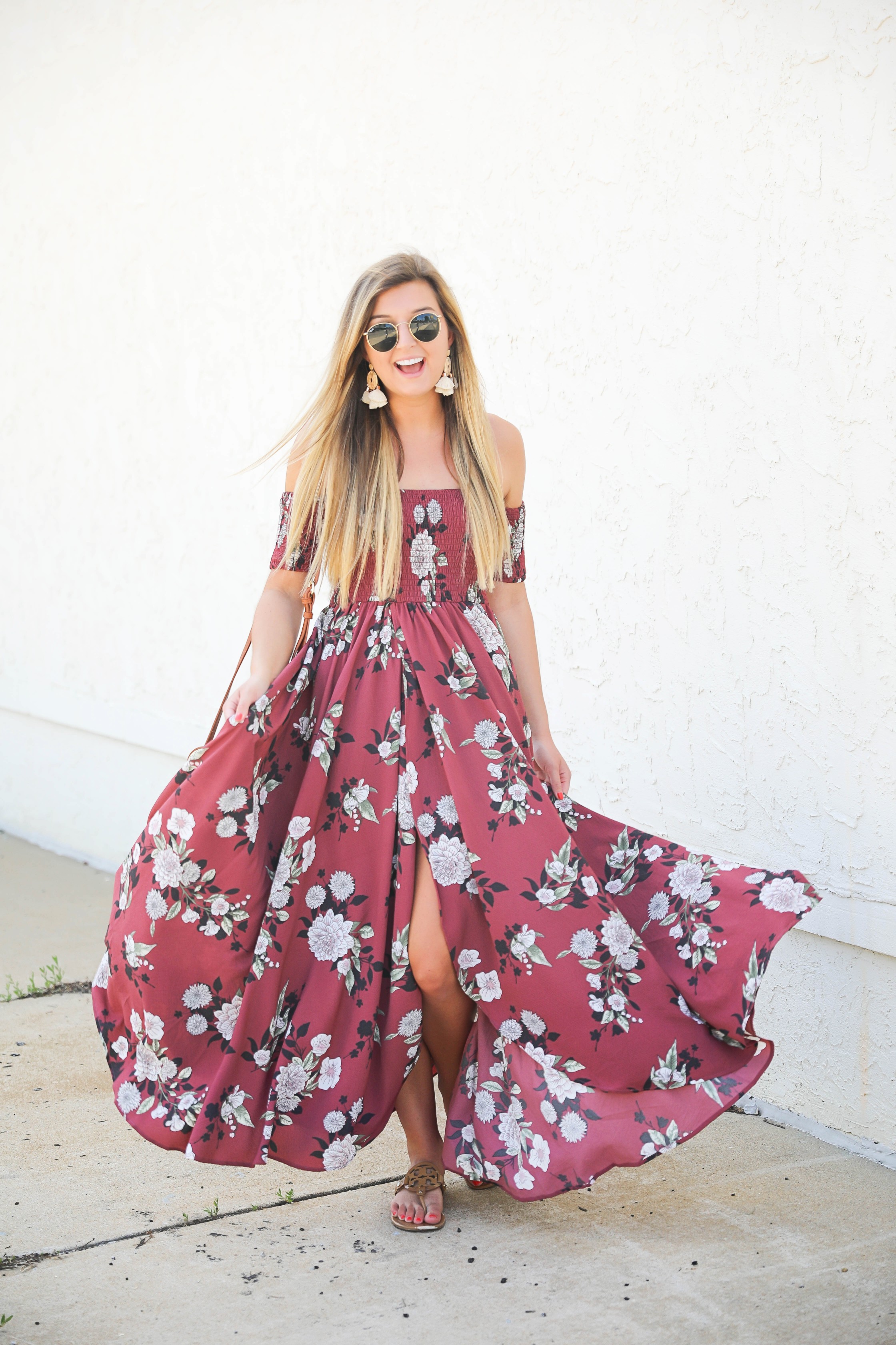 Mauve floral maxi dress from Showpo! This cute sundress is perfect for summer! I love off the shoulder dresses and it's so cute that it is maxi! Details on fashion blog daily dose of charm by lauren lindmark