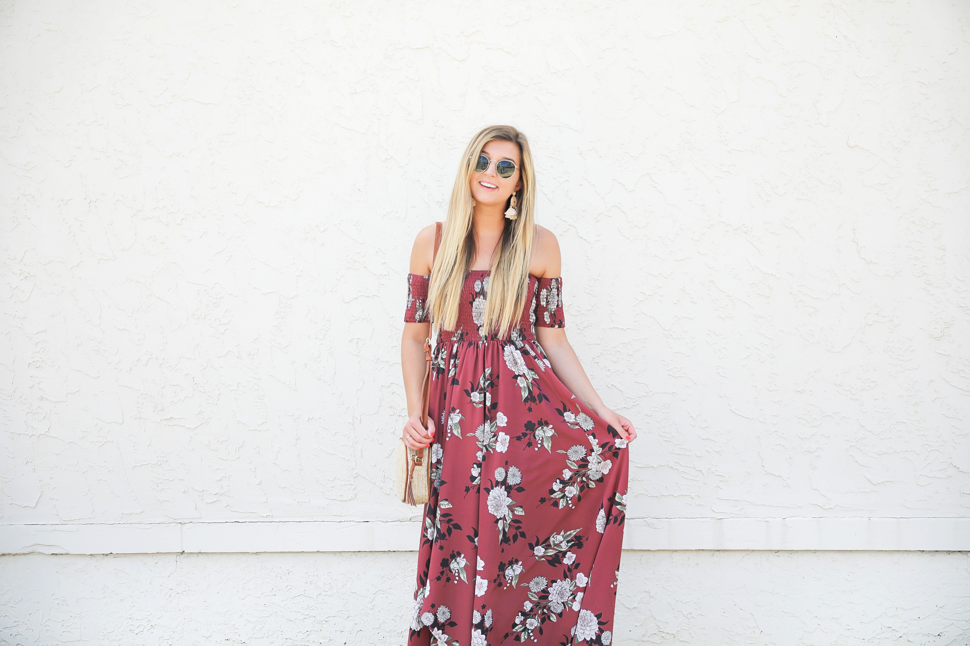 Mauve floral maxi dress from Showpo! This cute sundress is perfect for summer! I love off the shoulder dresses and it's so cute that it is maxi! Details on fashion blog daily dose of charm by lauren lindmark