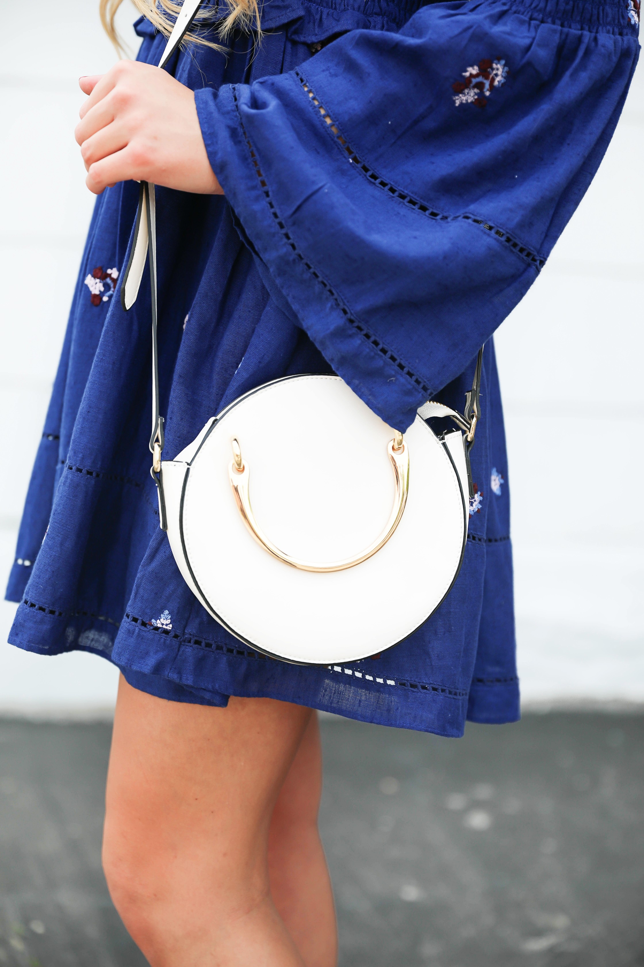 Navy free people off the shoulder embroidered dress! Love this summer fashion look! This summer dress will be perfect for days on the town or nights out! Details on fashion blog daily dose of charm by fashion blogger lauren lindmark