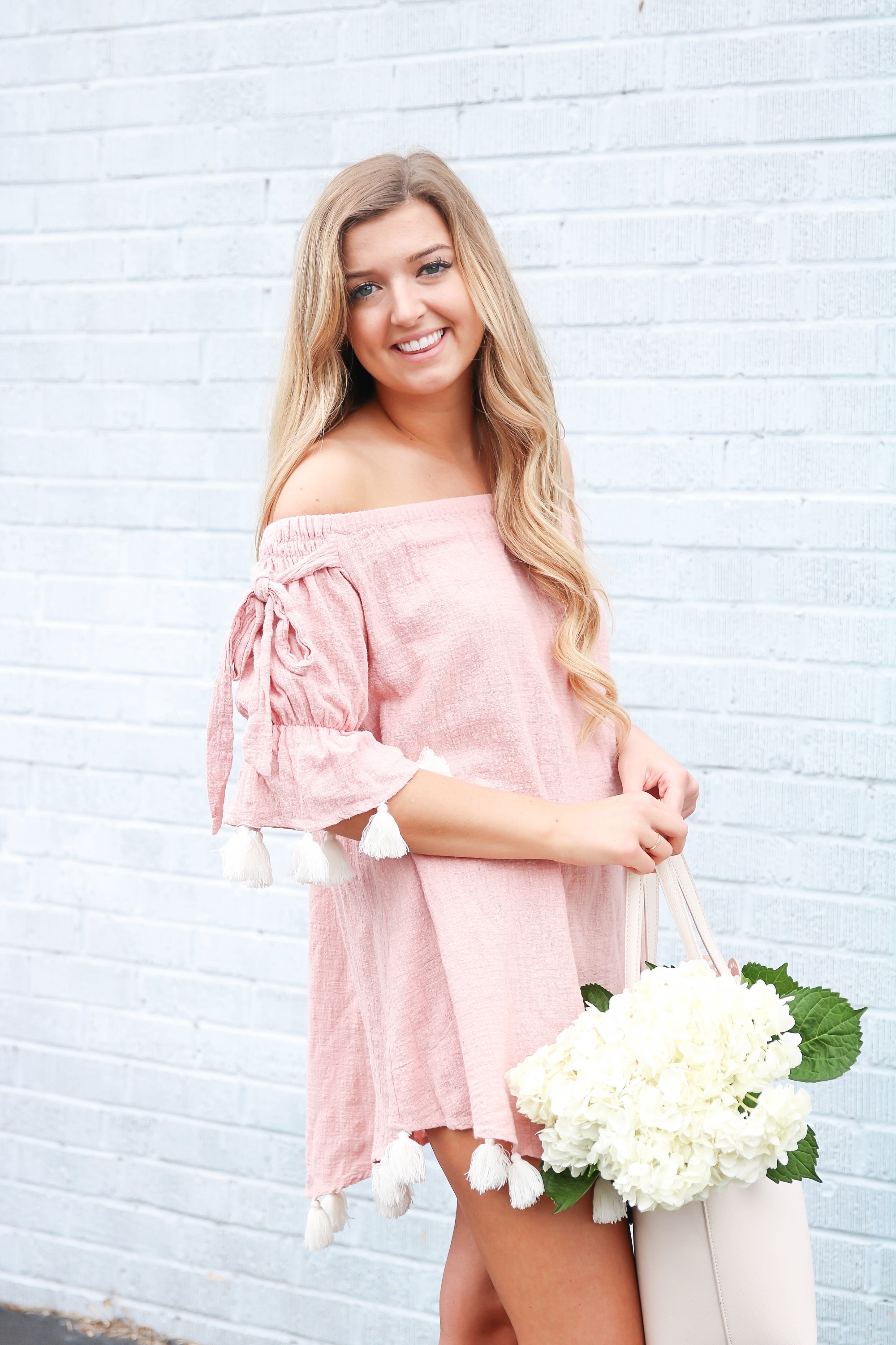 OOTD - BLUE OFF THE SHOULDER DRESS ft. Hieleven Mini Bucket Bag - Pink -  Unitude