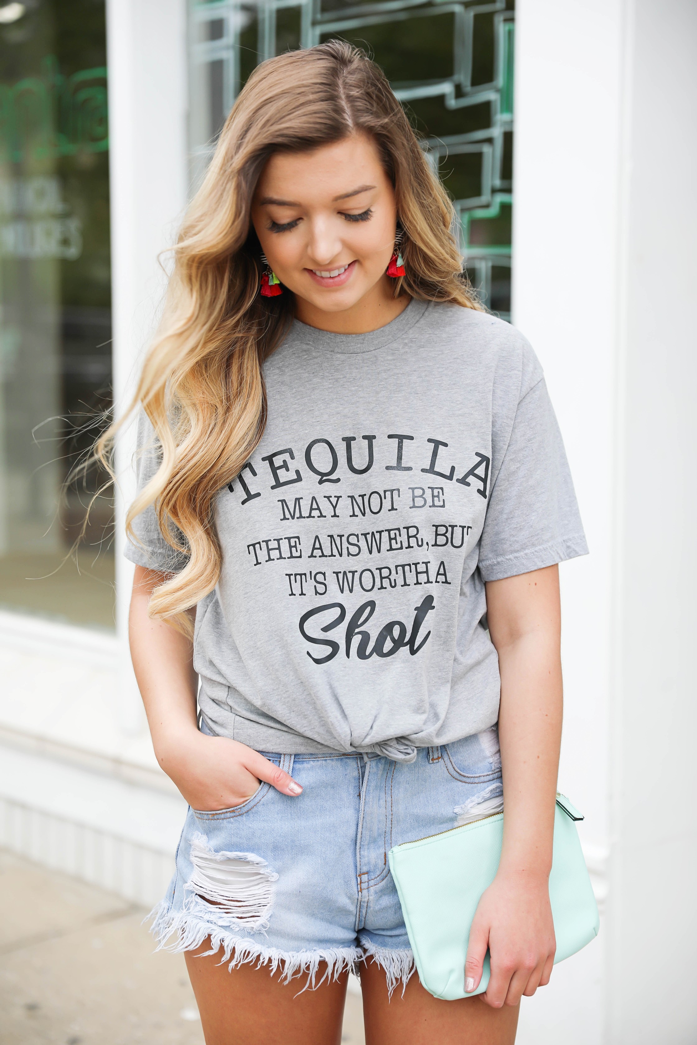 Tequila isn't always the answer, but it's worth a shot! Funny tequila saying tshirt for cinco de mayo! Outfit details on fashion blog daily dose of charm by lauren lindmark