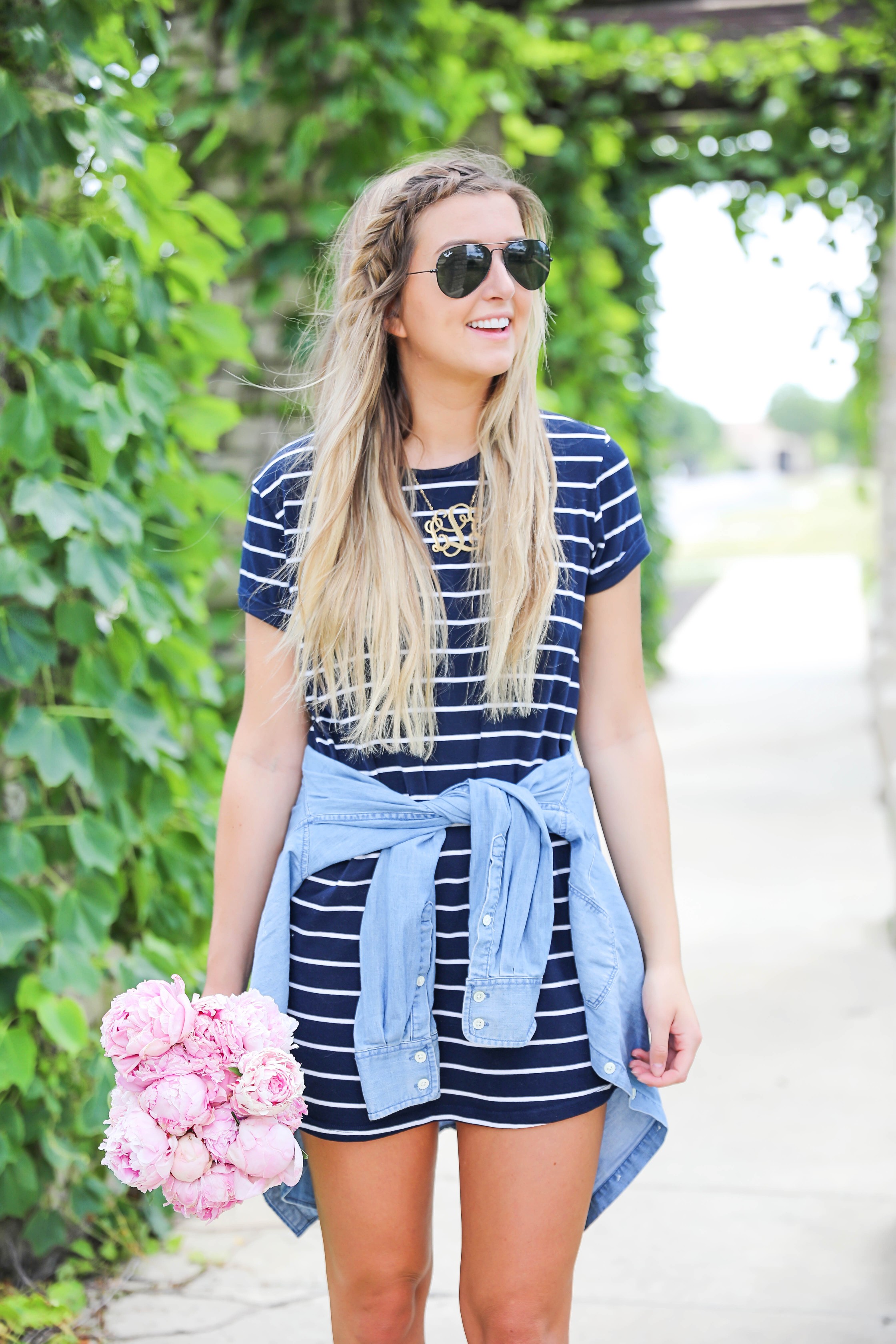 Black Shirtdress Outfit Styled With A Denim Shirt Tied Around Waist