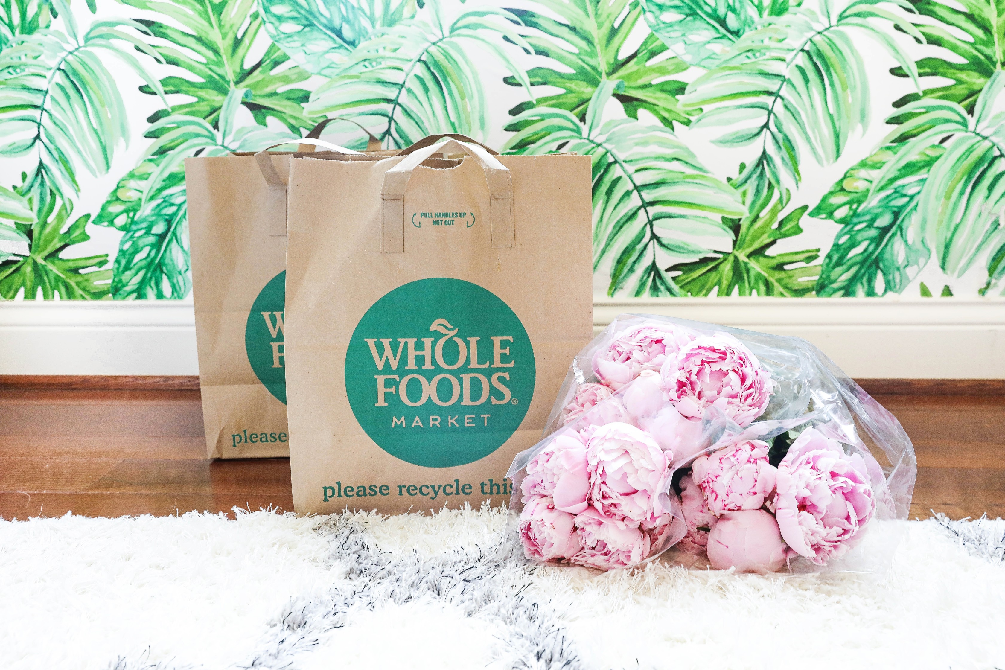 Whole Foods bags with pretty pink peonies! What I eat in a day! Dairy free recipes on lifestyle blog daily dose of charm by lauren lindmark