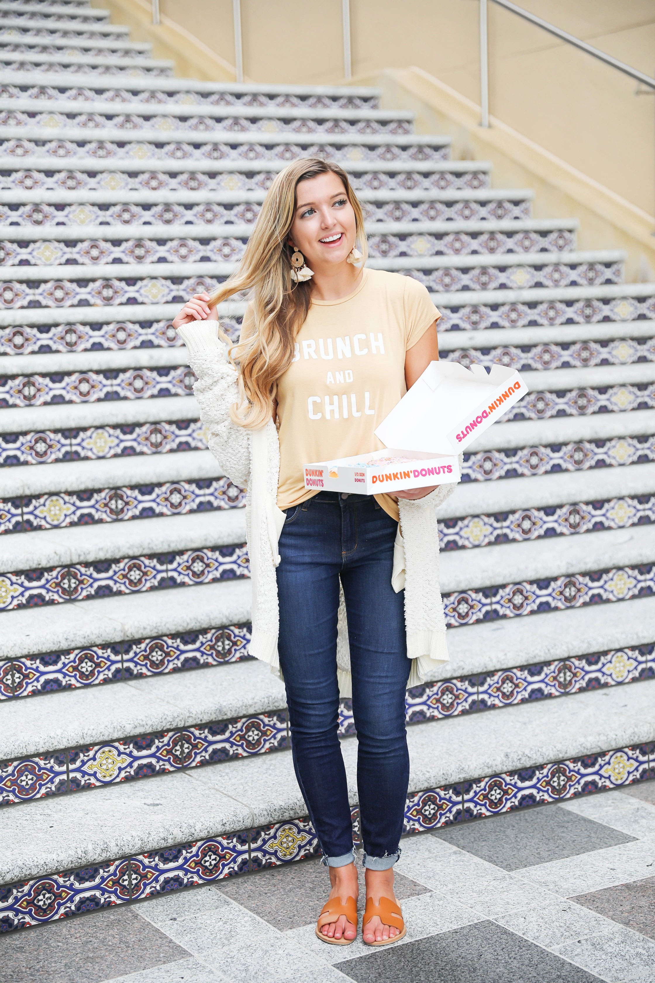 Brunch and chill tee! Super cute mustard yellow brunch tshirt paired with the cutest inexpensive dark blue jeans! Paired the look with my new ivory cardigan from the nordstrom anniversary sale 2018! Details on fashion blog daily dose of charm by lauren lindmark