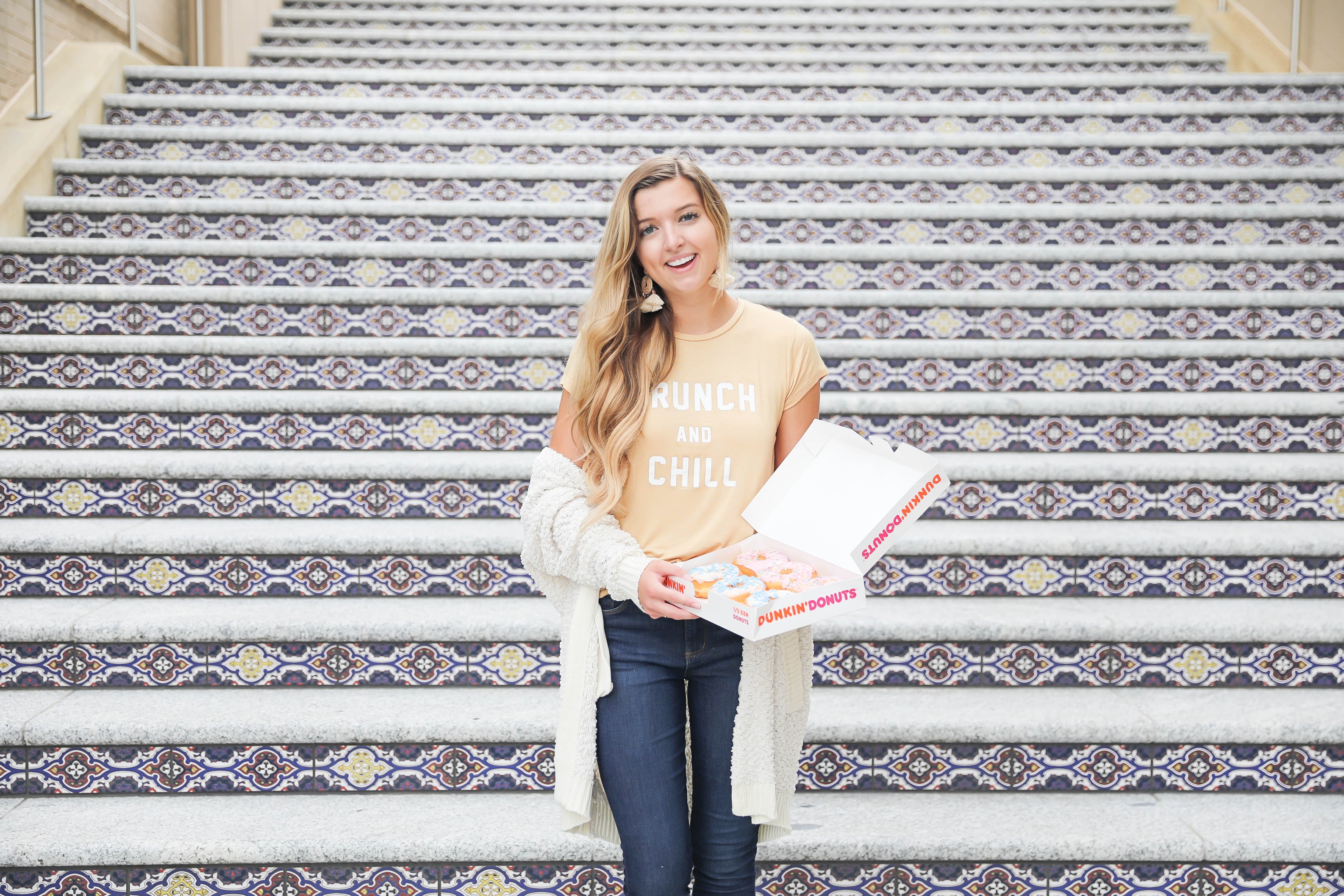 Brunch and chill tee! Super cute mustard yellow brunch tshirt paired with the cutest inexpensive dark blue jeans! Paired the look with my new ivory cardigan from the nordstrom anniversary sale 2018! Details on fashion blog daily dose of charm by lauren lindmark