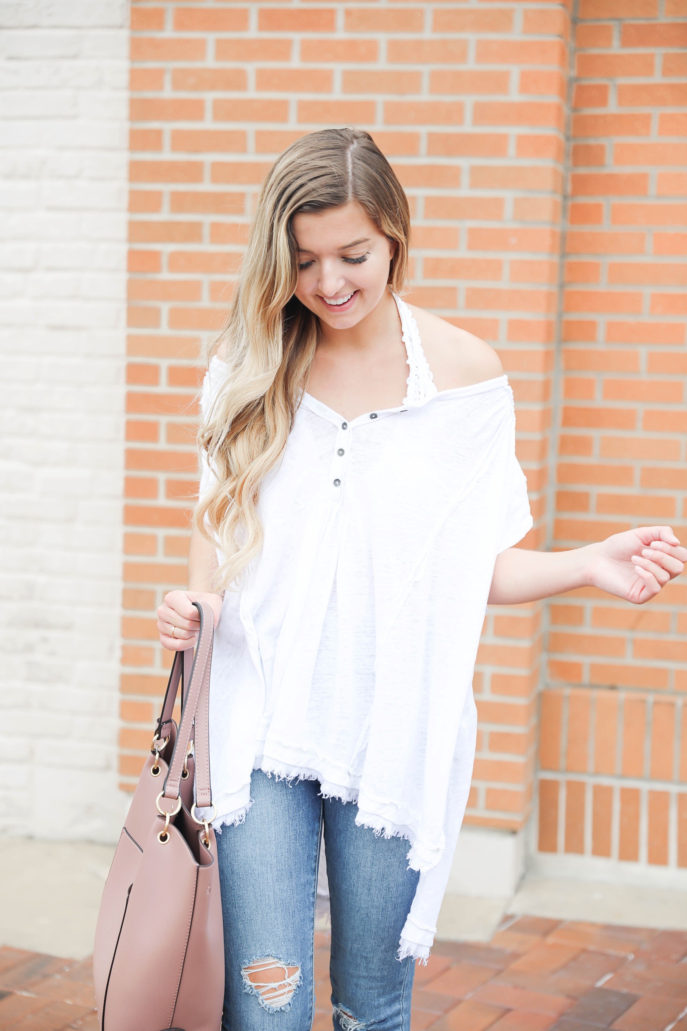 Flowy free people top paired with a bralette! I wore my cute, new articles of society jeans and mauve tote bag from the nordstrom anniversary sale! Such a cute outift to transition into fall! Details on fashion blog daily dose of charm by lauren lindmark