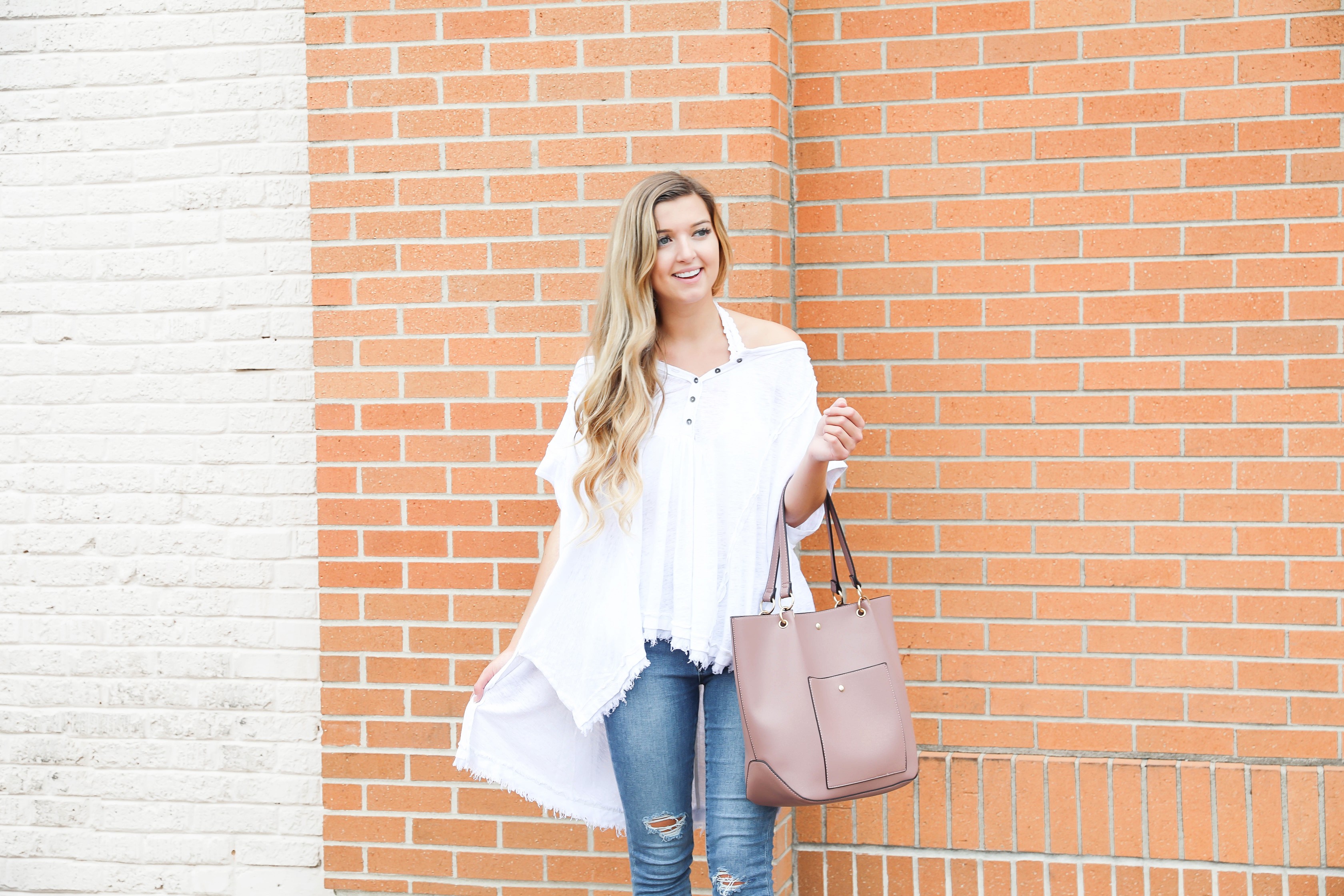 Flowy free people top paired with a bralette! I wore my cute, new articles of society jeans and mauve tote bag from the nordstrom anniversary sale! Such a cute outift to transition into fall! Details on fashion blog daily dose of charm by lauren lindmark