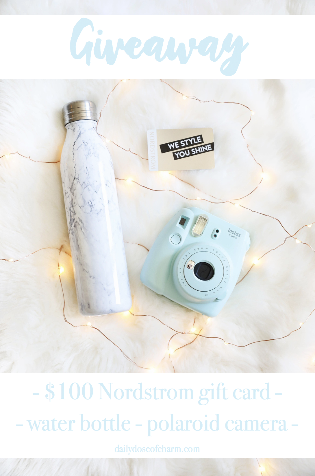 Nordstrom Anniversary Sale Giveaway! Giving away an $100 nordstrom giftcard, polariod camera, and marble waterbottle! Get ready for the sale with all these necessities! Details on fashion blog daily dose of charm by lauren lindmark