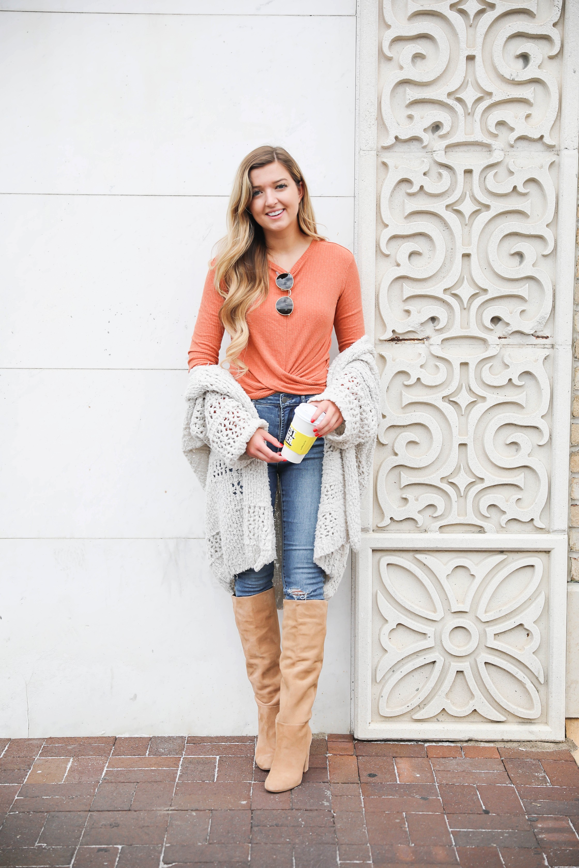 Orange twist top featured in the Nordstrom Anniversary sale paired with this adorable crochet free people cardigan that is also in the sale! They both come in multiple colors and look adorable with my Articles of Society jeans (on sale for $44) and my Sam Edelman boots that are also in the nordstrom anniversary sale 2018! Cutest fall outfit on daily dose of charm by lauren lindmark