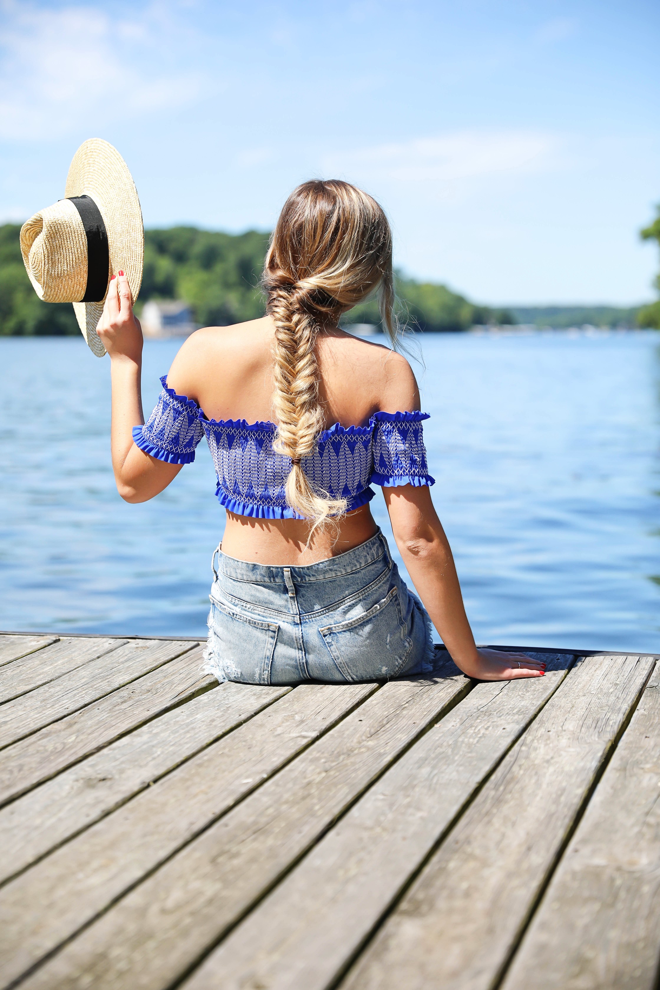 Hair care routine for summer! Royal blue Ted Baker London Smocked Bardot Bikini Top! I love this off the shoulder swimsuit, plus the colors is adorable! Paired with jean shorts at the lake! Perfect summer outfit! Details on fashion blog daily dose of charm by lauren lindmark