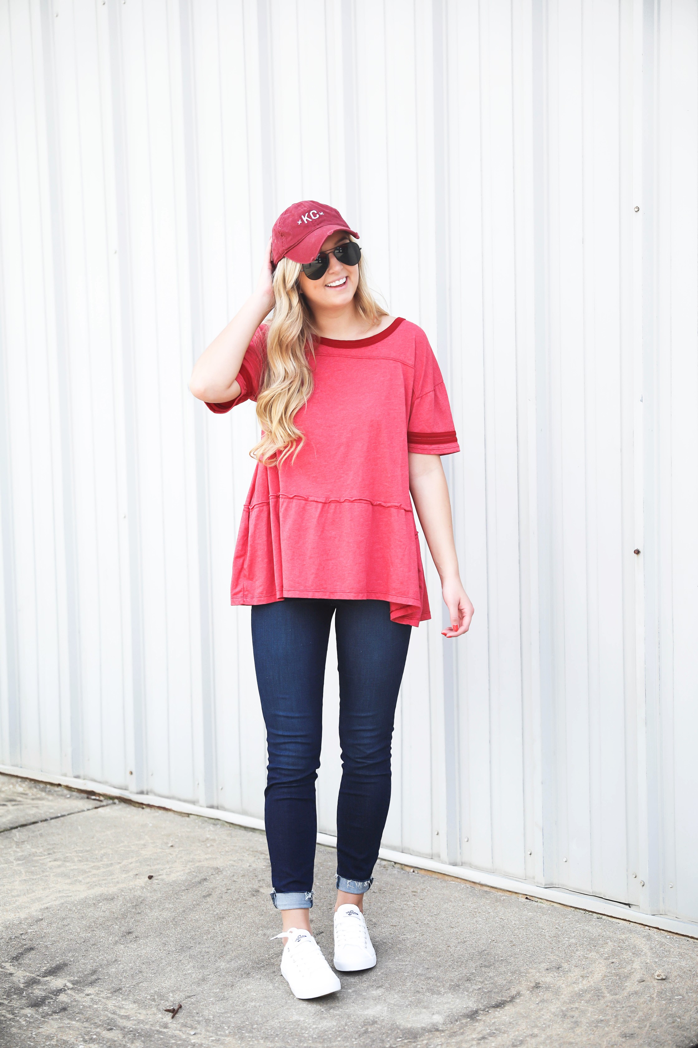 casual red top with jeans