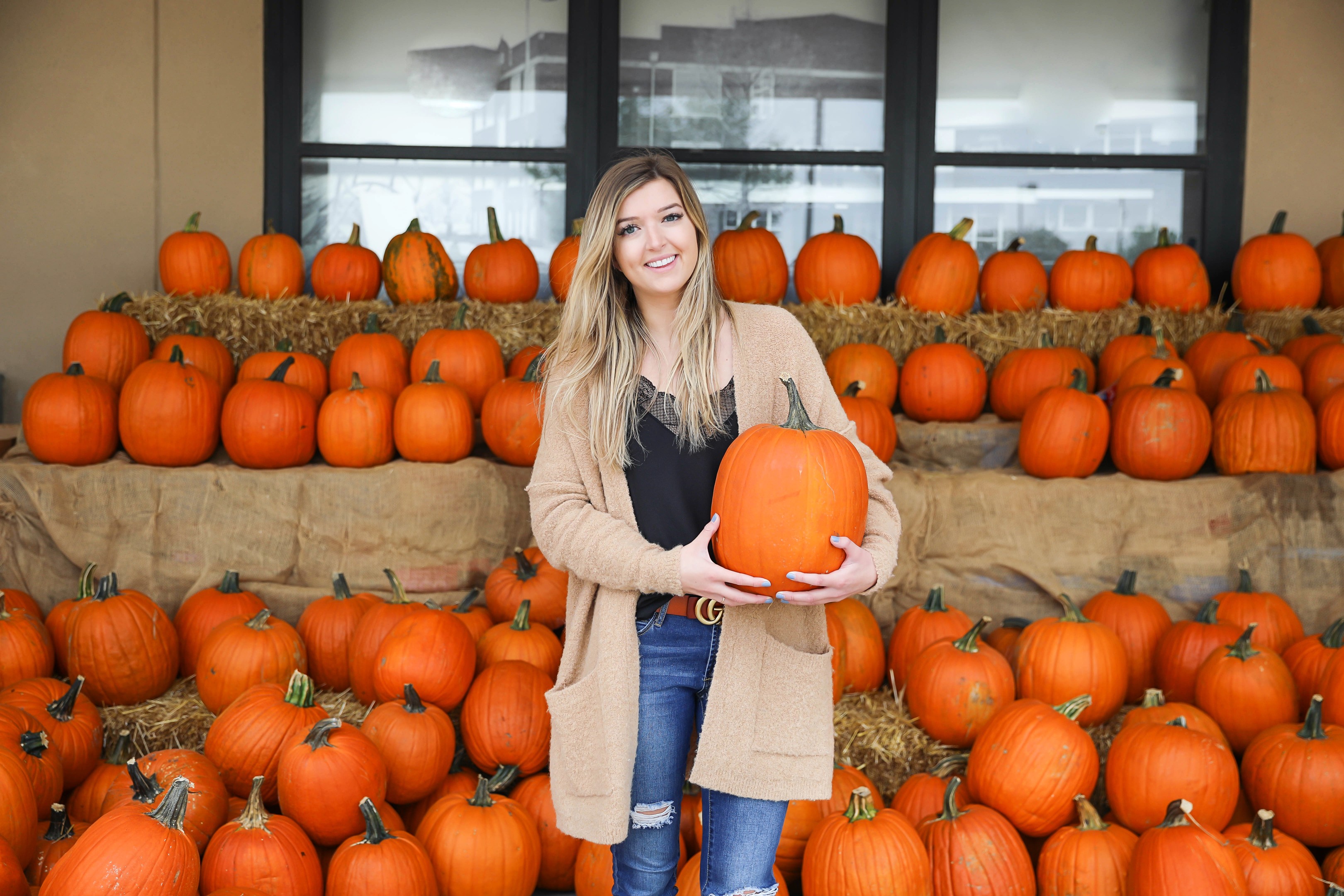 Fall outfit for the pumpkin patch! The cutest brown gucci belt and free people cardigan paired with a lace cami and leopard flats! Details on fashion blog daily dose of charm by lauren lindmark