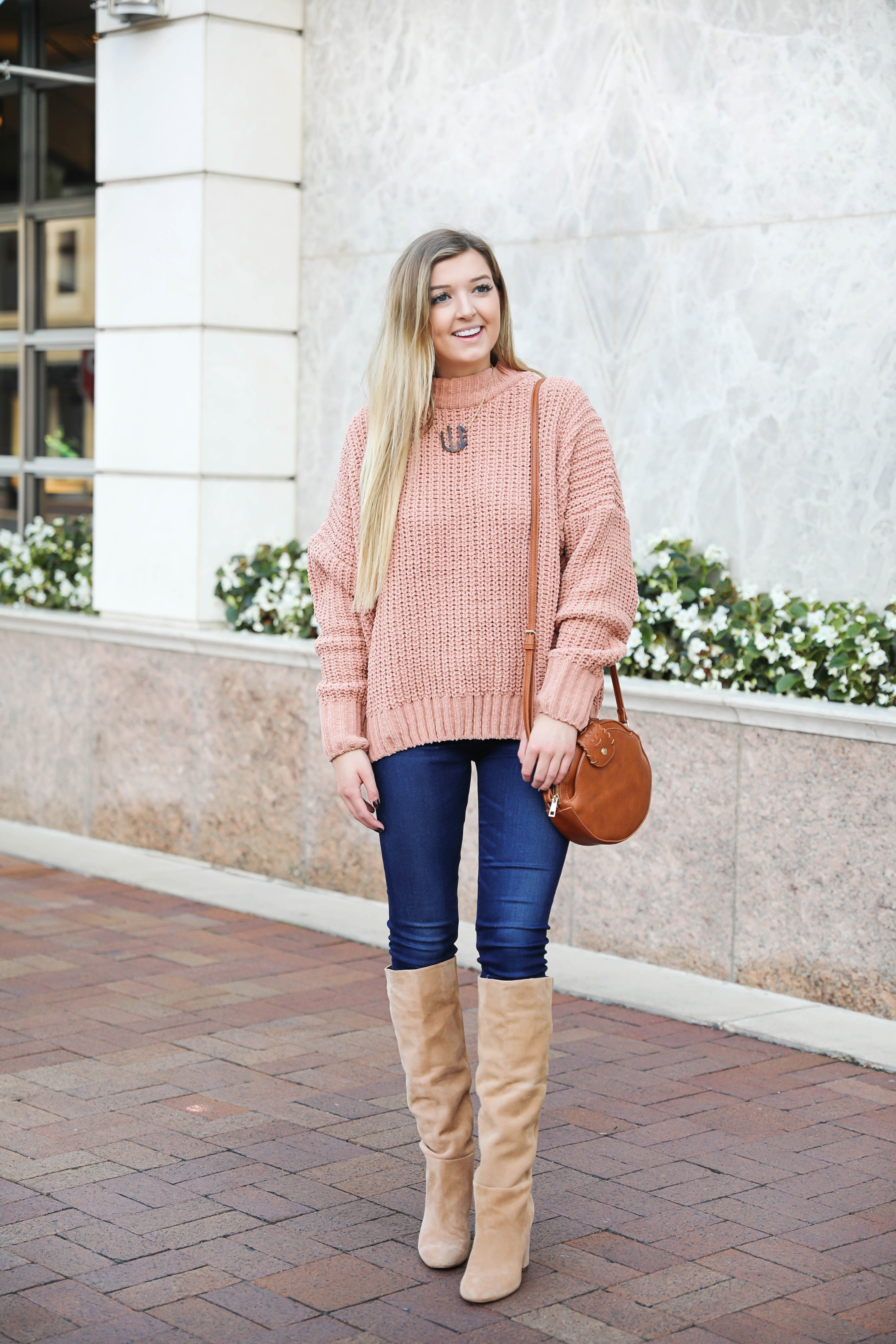 Oversized soft pink sweater I love a cute inexpensive sweater especially when it is comfy too I paired mine with dark jeans and tan knee high boots by Sam Edelman I also