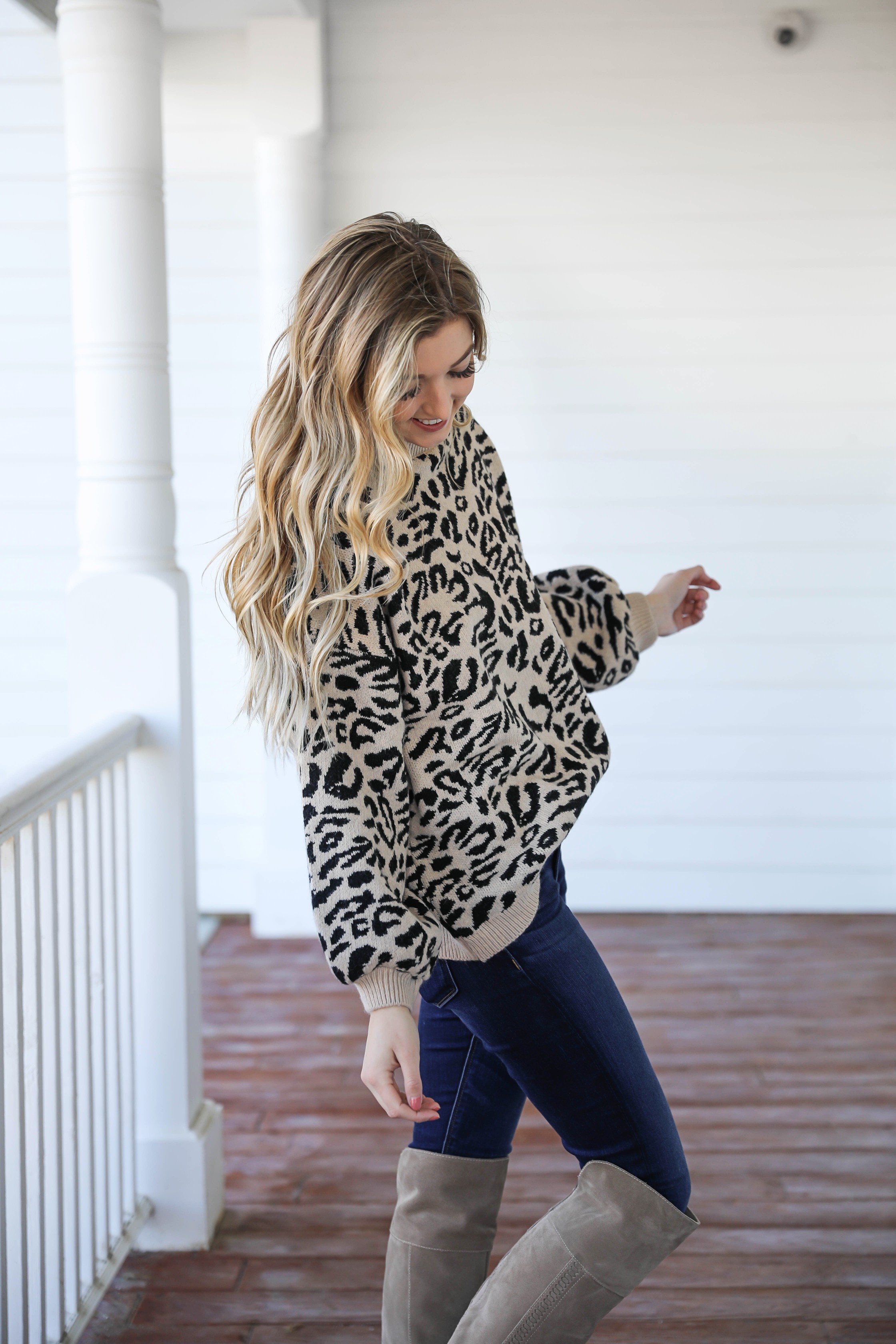 Leopard sweater for fall! Paired with my favorite $30 Gucci belt and Vince Camuto over the knee boots! Such a cute fall outfit idea! Details on fashion blog daily dose of charm by Lauren Lindmark