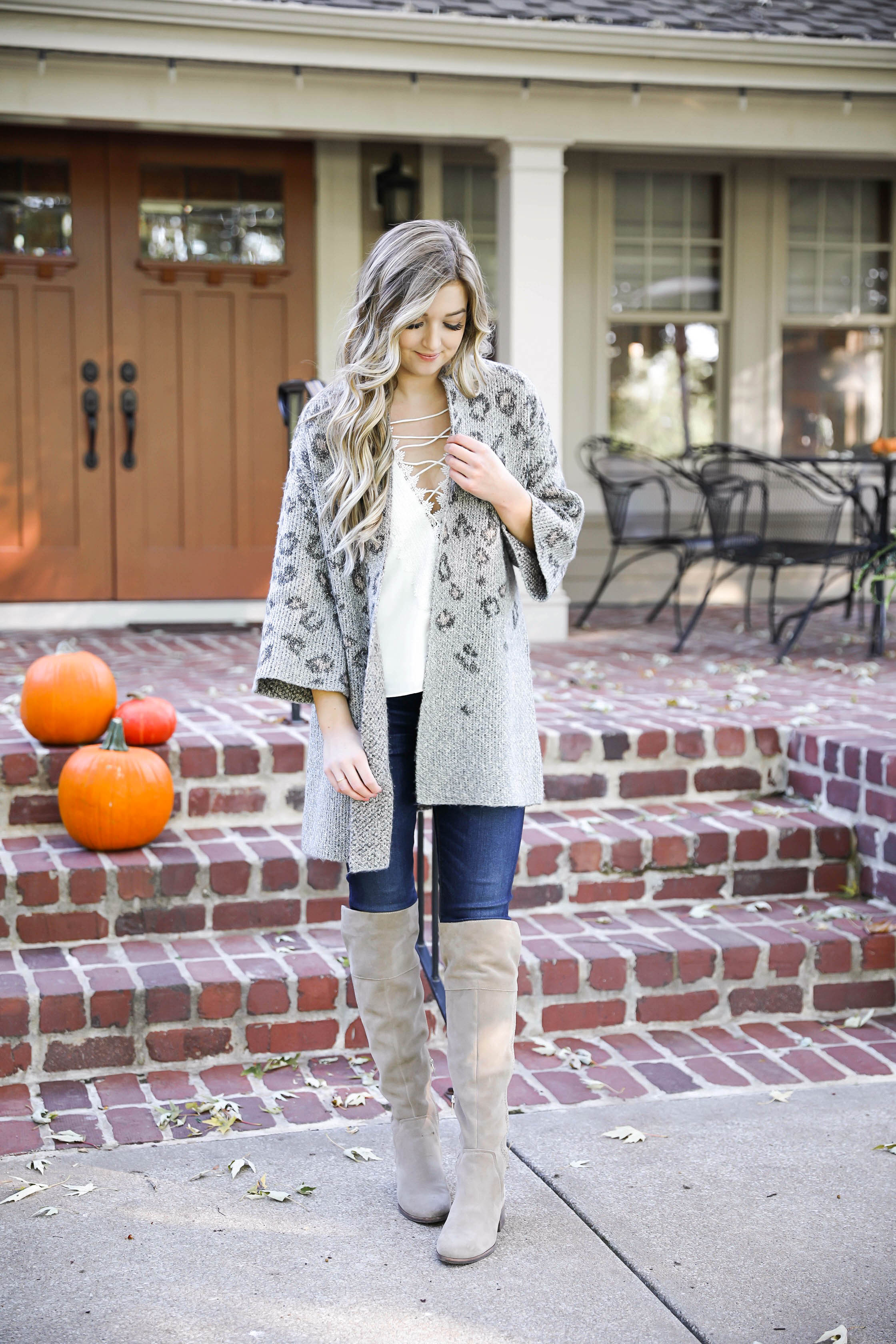 Natural beaded row extensions! The best stylist for NBR extensions in Kansas City is Traci Morby! Fall outfit idea! Sitting on a porch of pumpkins wearing my favorite leopard cardigan! Details on fashion blog daily dose of charm by lauren lindmark